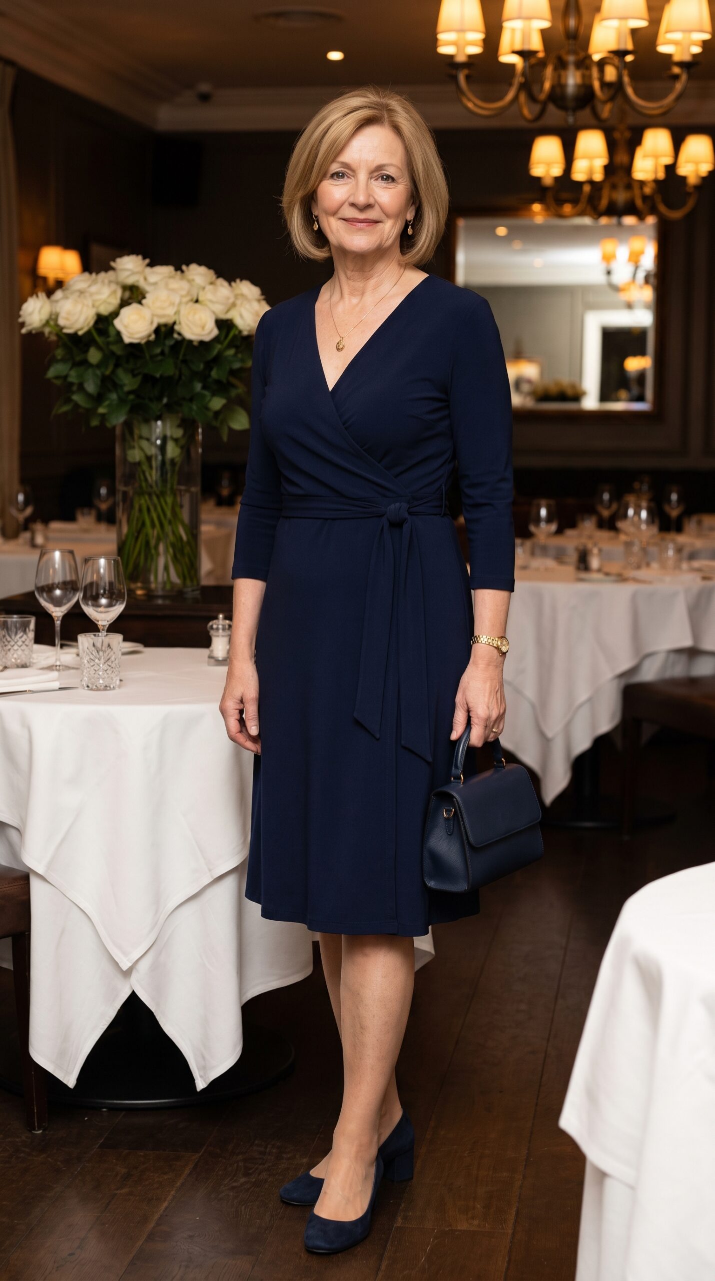 Signora 65 anni con abito a portafoglio blu navy per evento serale elegante e raffinato