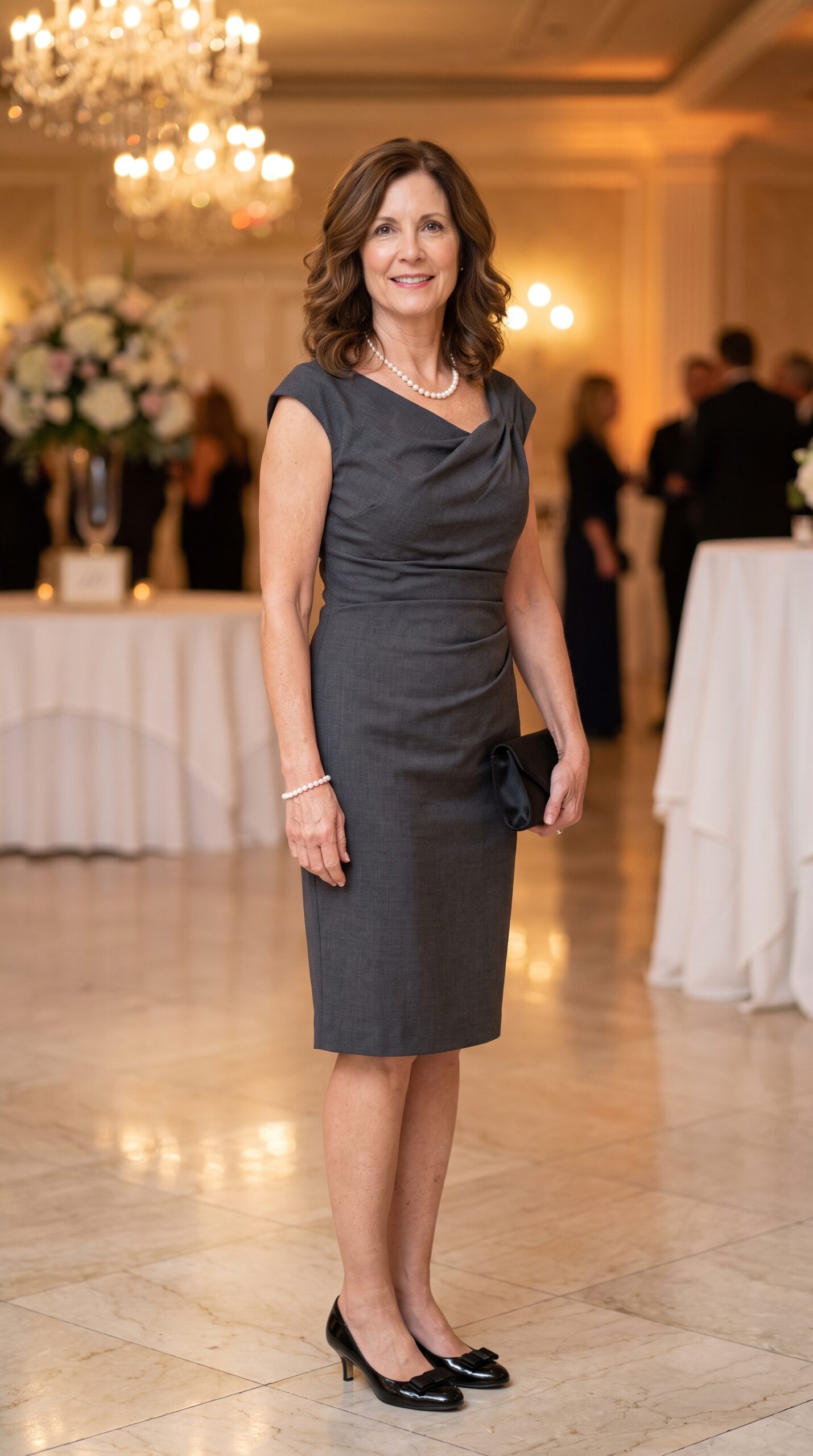 Donna over 65 in abito midi grigio a tubino con collana di perle per cerimonia elegante