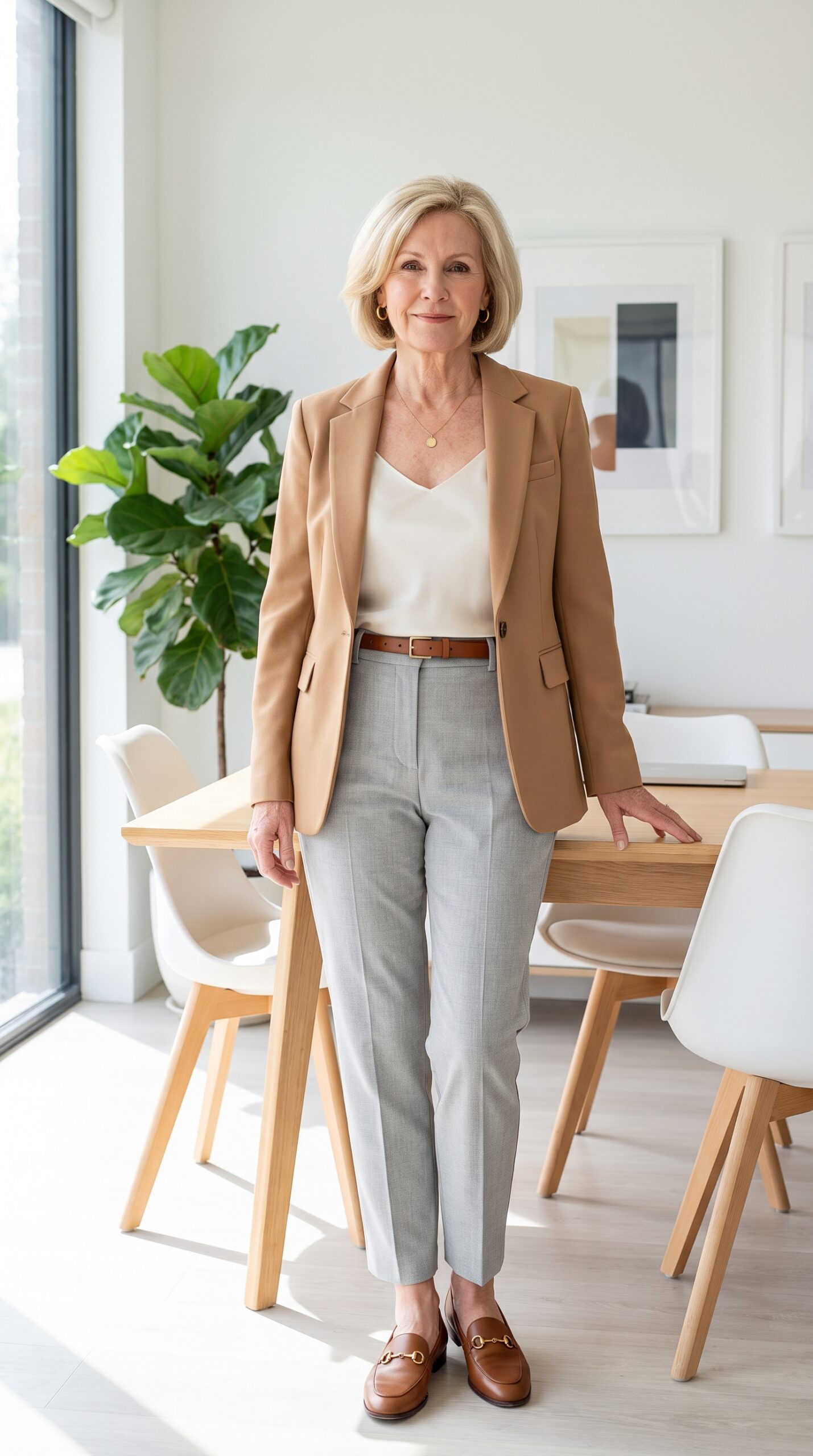 Signora over 60 con blazer cammello, top avorio e pantaloni grigi sartoriali per look ufficio elegante