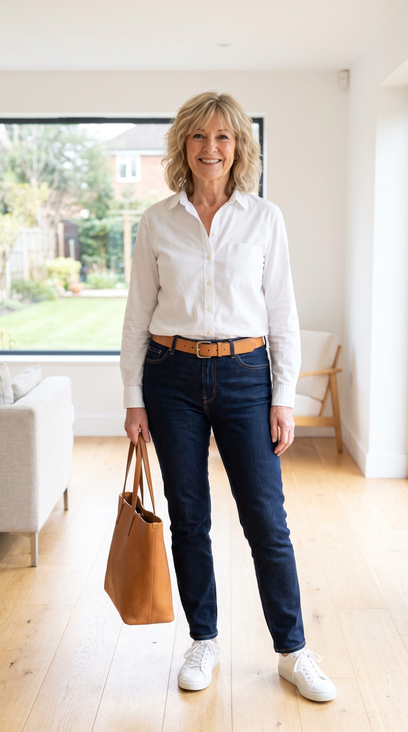 Donna 65 anni in outfit casual chic con camicia bianca, jeans scuri e sneakers bianche per il giorno