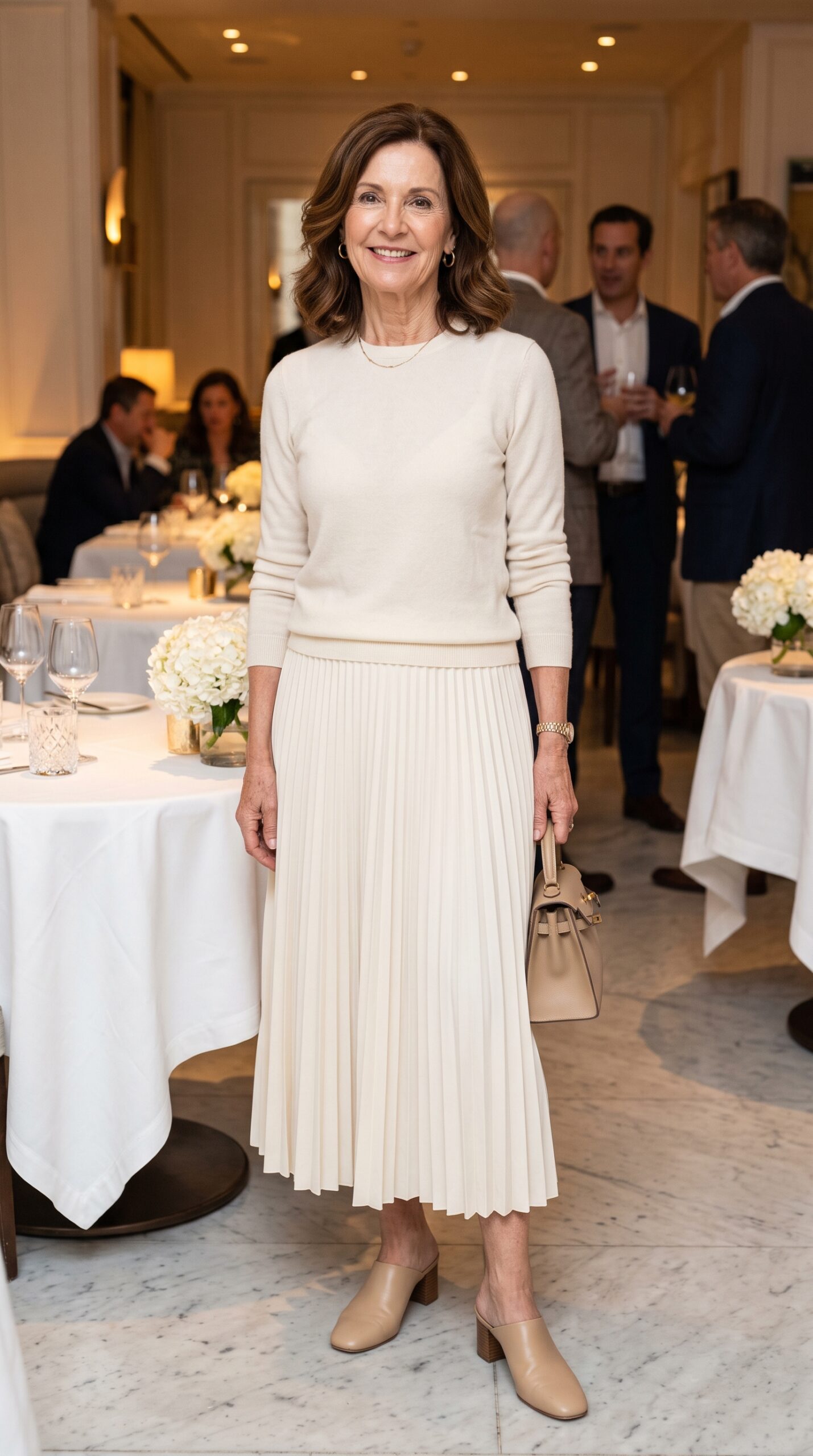 Donna di 65 anni elegante con maglione panna e gonna plissé avorio per cena raffinata in ristorante