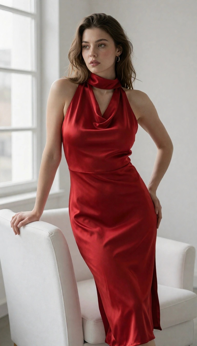 Outfit elegante donna con abito midi rosso in raso con scollo all'americana per cerimonia serale