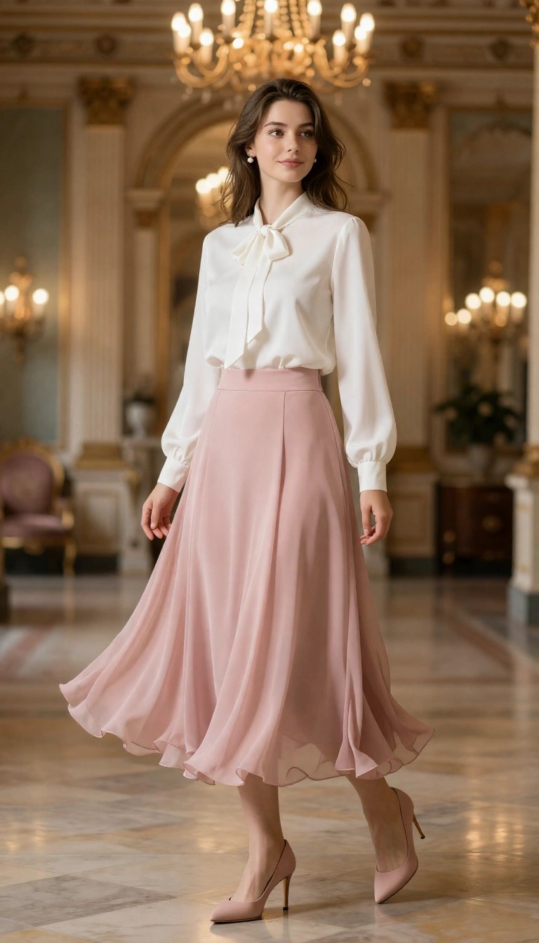 Outfit elegante donna con gonna midi rosa cipria in chiffon e camicia bianca con fiocco per cerimonia