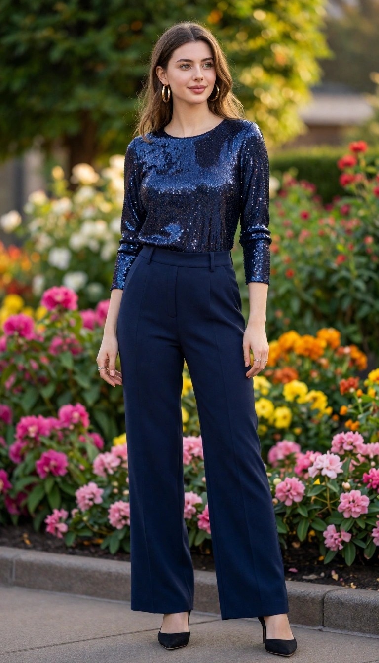 Outfit elegante donna con top blu paillettes e pantalone palazzo blu notte per festa e capodanno