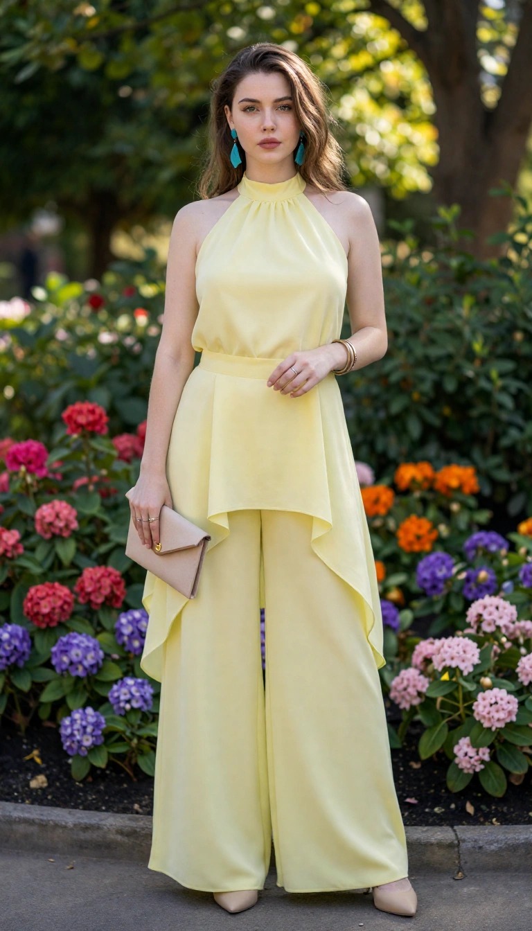 Outfit elegante donna con tuta jumpsuit gialla a palazzo con peplo per matrimonio diurno e cerimonia