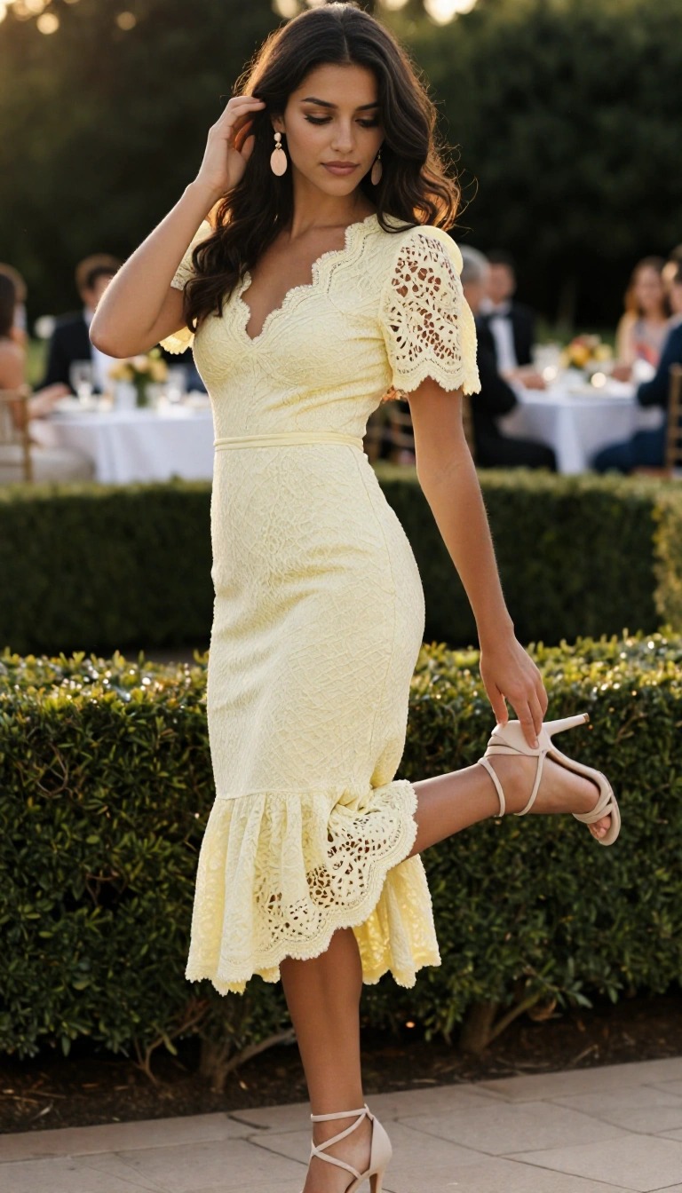 Abito midi giallo chiaro in pizzo sangallo, outfit elegante da invitata a comunione primavera estate 2026
