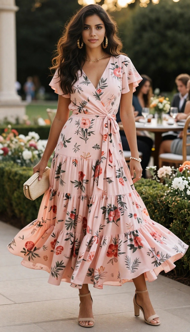 Abito midi floreale rosa pesca a portafoglio con balze, outfit elegante da invitata a comunione primavera estate 2026