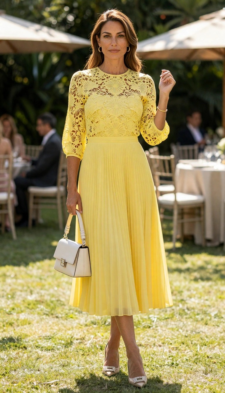 10 Outfit Mamma Comunione: Idee Look Eleganti e Bon Ton 12 Outfit mamma comunione con abito giallo pastello in pizzo sangallo e gonna plissé midi per cerimonia primaverile