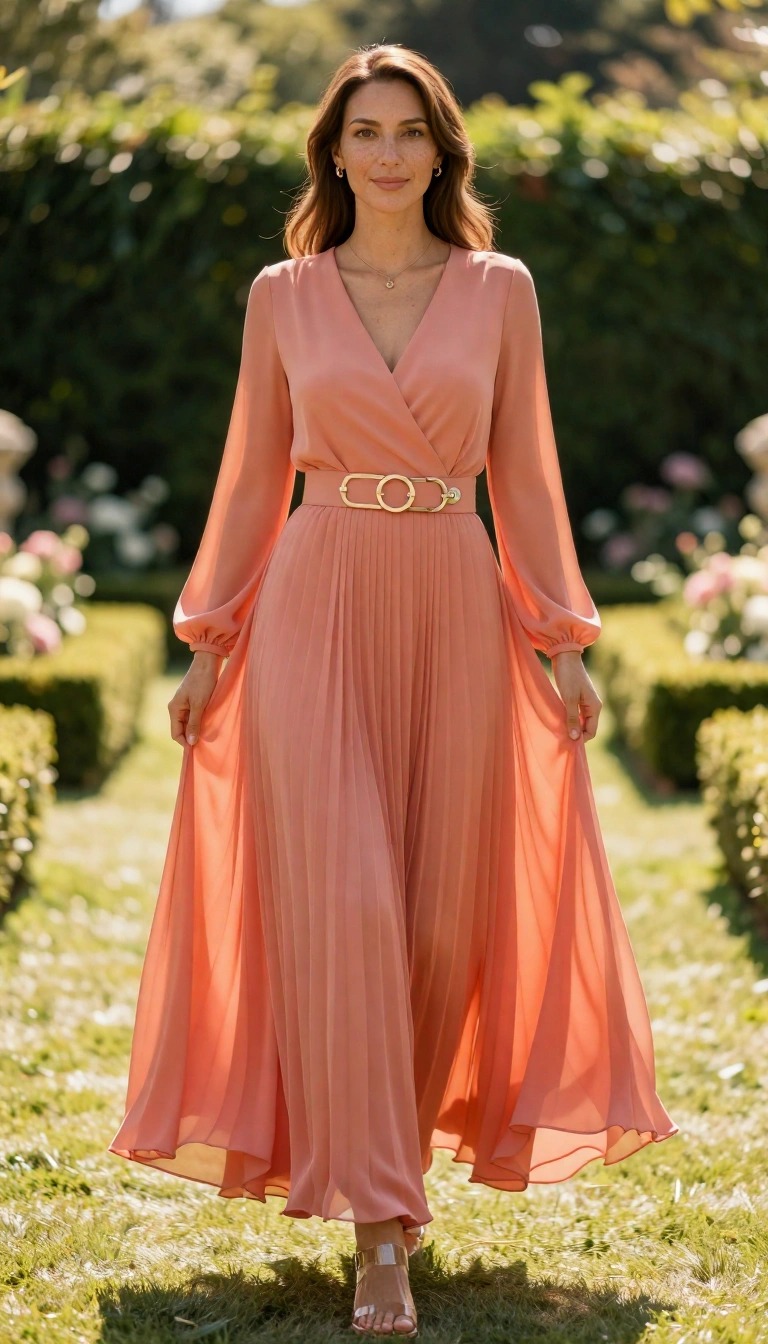 10 Outfit Mamma Comunione: Idee Look Eleganti e Bon Ton 4 Outfit mamma comunione con abito lungo color pesca plissé, maniche ampie e cintura dorata per cerimonia in giardino