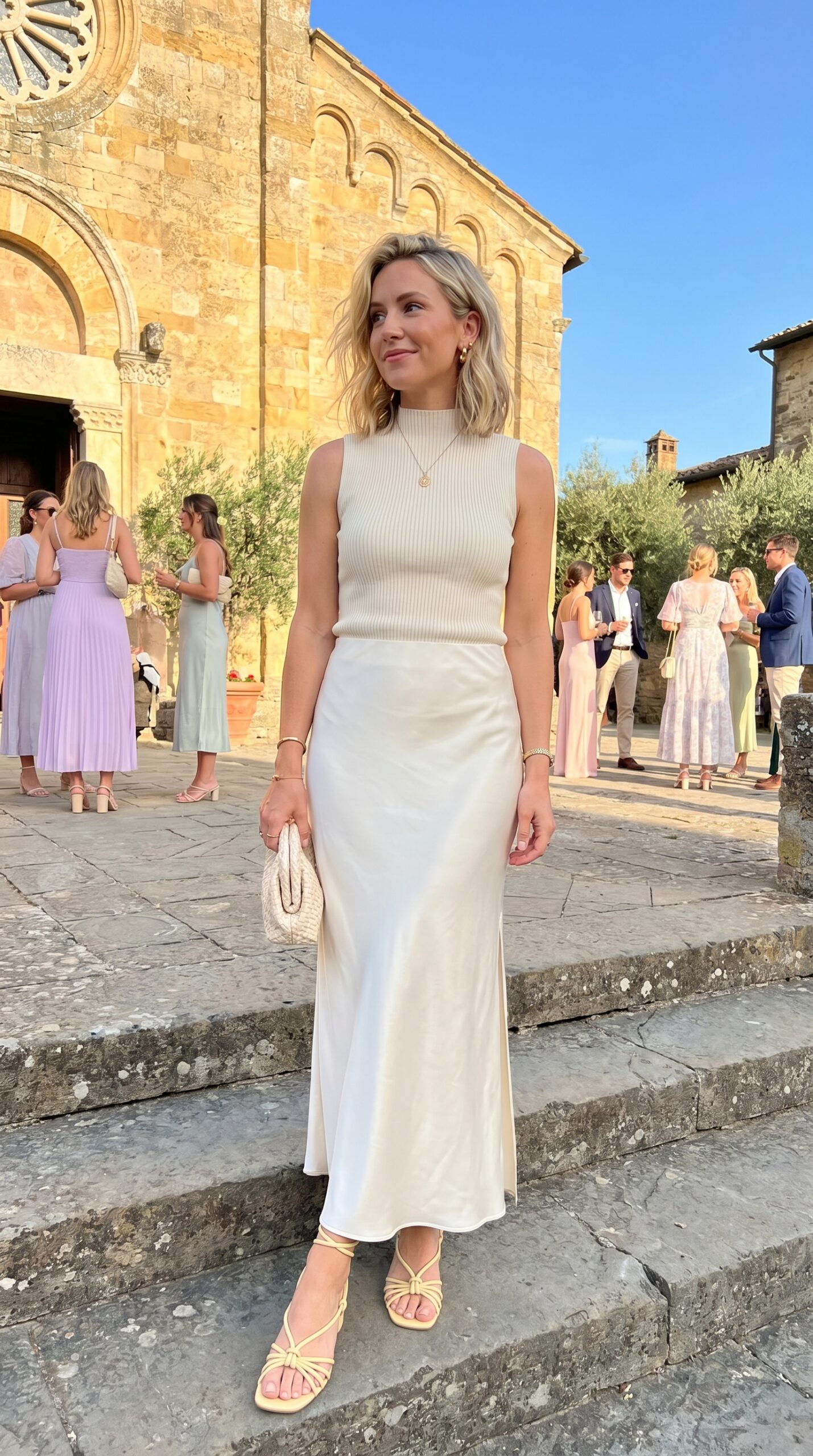 Invitata bionda indossa un look total panna con top smanicato a costine e gonna lunga in raso, con sandali a listini e borsetta intrecciata.