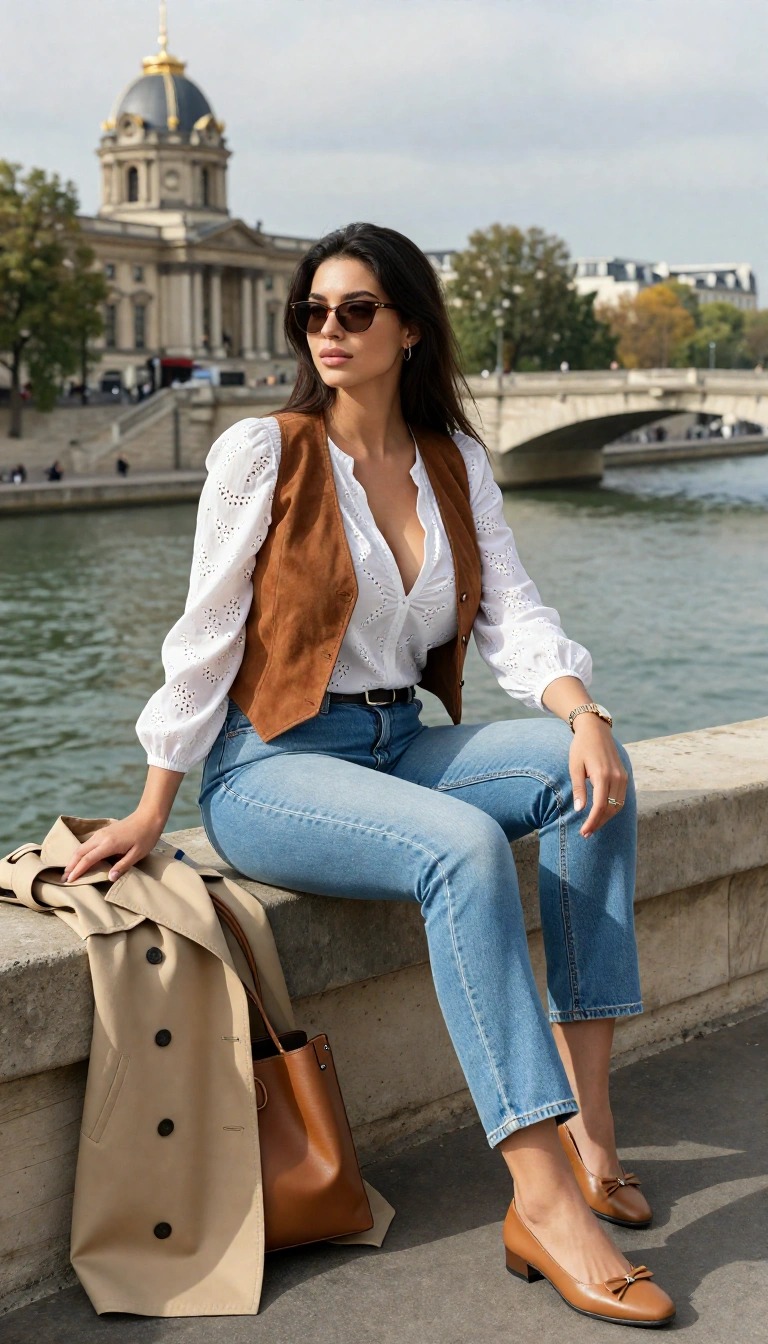 10 Outfit Pasquetta Donna: Idee Look tra Stile e Comodità 9 Outfit Pasquetta donna con jeans, gilet marrone e blusa bianca, look primaverile casual chic per passeggiata in città