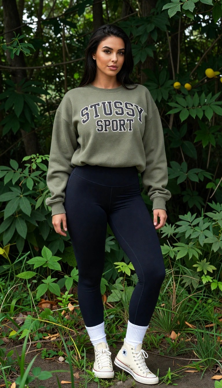 10 Outfit Pasquetta Donna: Idee Look tra Stile e Comodità 11 Outfit Pasquetta donna sportivo con felpa, leggings e sneakers, look comodo per picnic e gita all’aperto