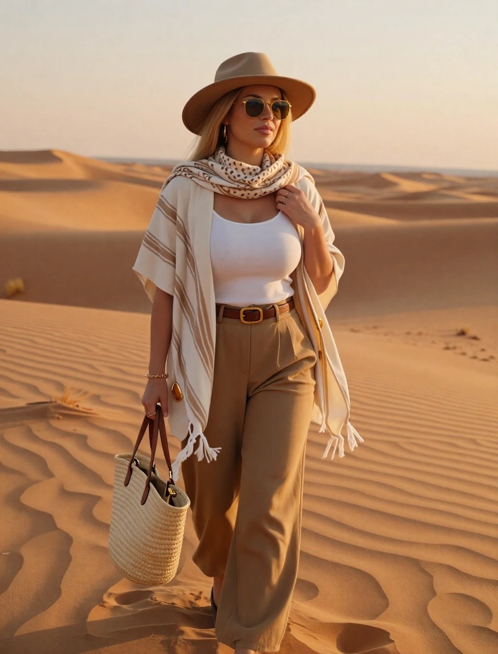 Donna con outfit da sera nel deserto di Marrakech: pantaloni beige a vita alta, poncho leggero, cappello a tesa larga e sciarpa al tramonto