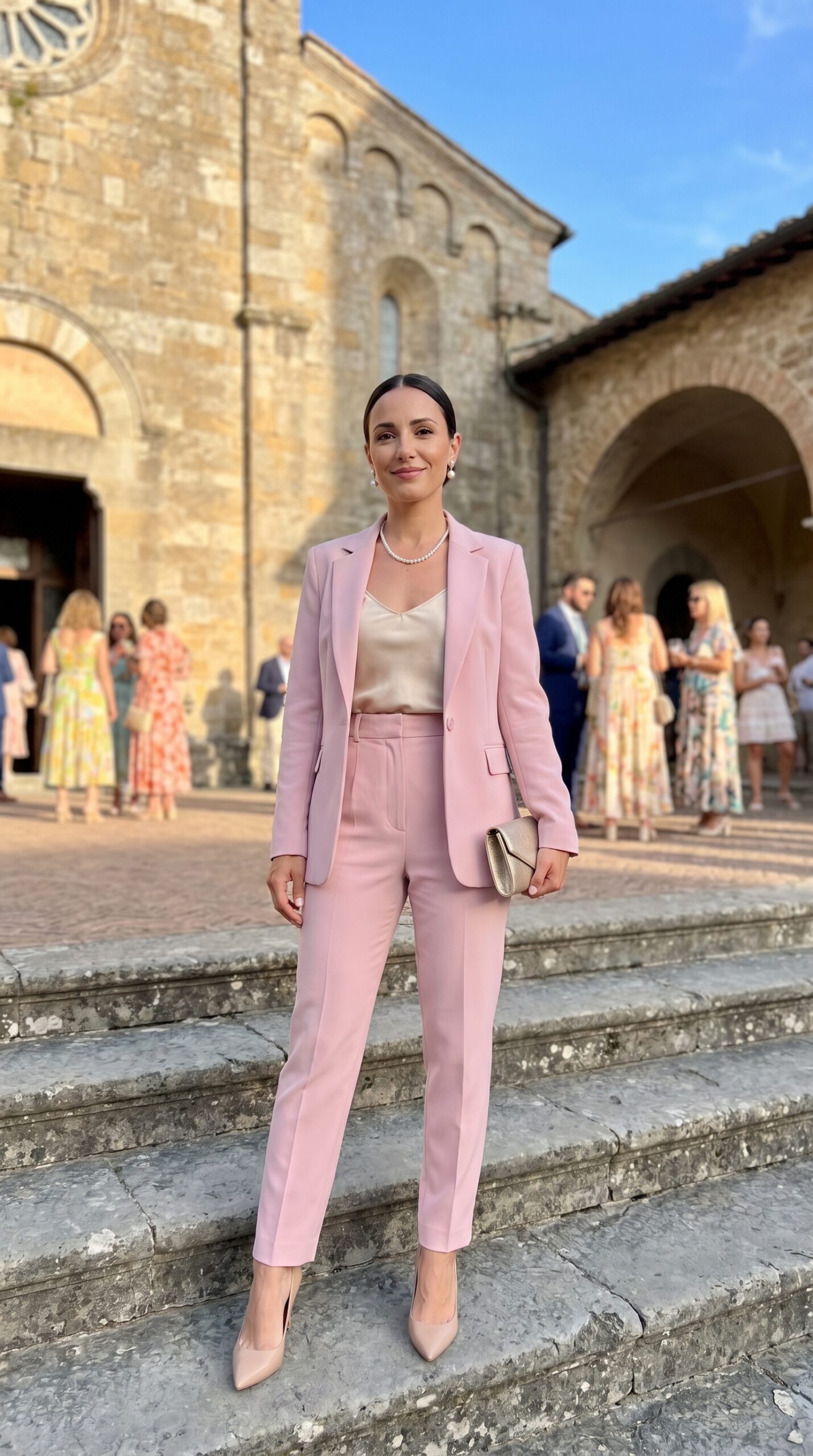 Donna indossa un completo giacca e pantalone rosa antico, con top in seta champagne e collana di perle, perfetto per cerimonia.