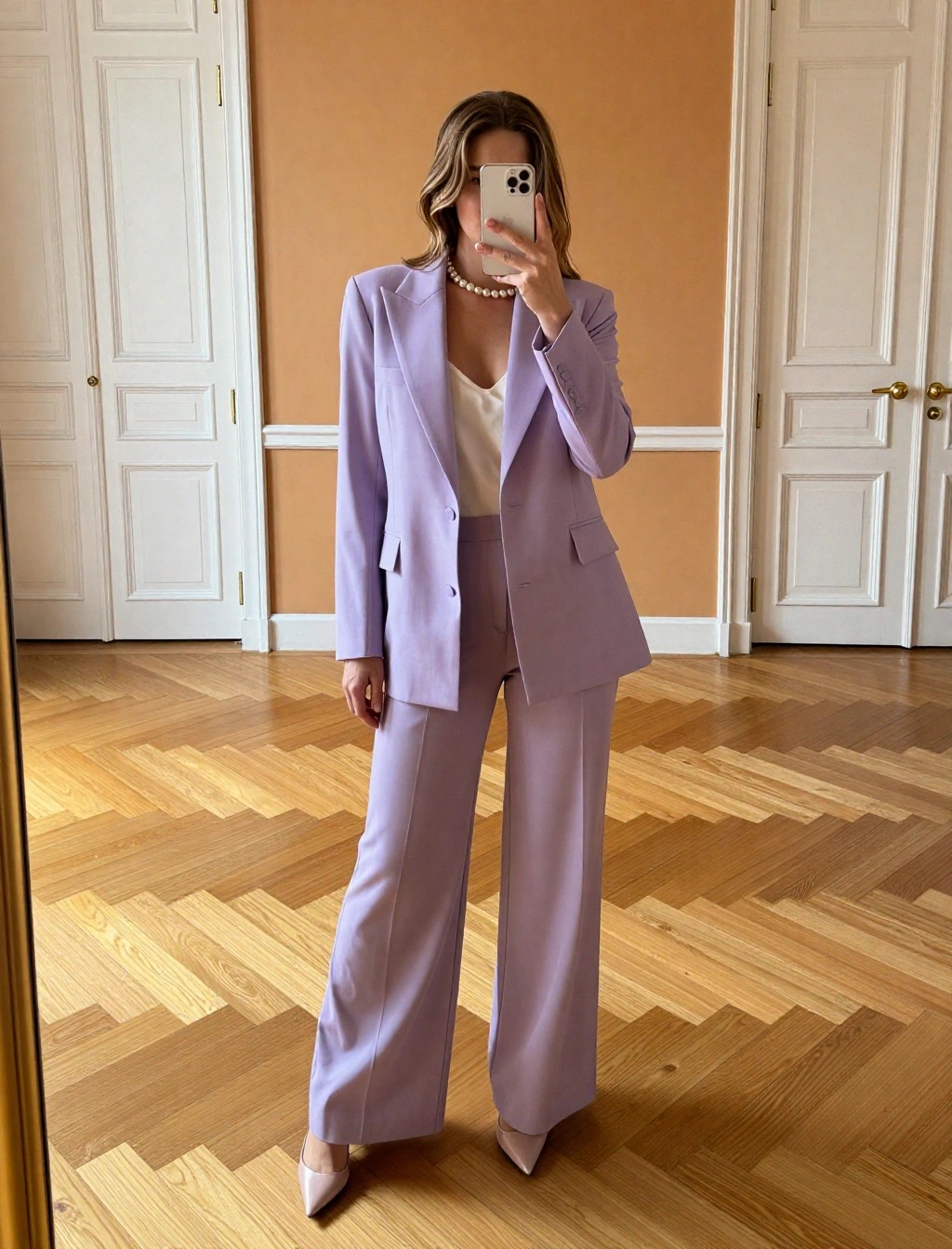 Come vestirsi per un battesimo donna: Guida completa di stile 8 Donna con tailleur lilla elegante e pantalone palazzo, outfit moderno per come vestirsi a un battesimo donna