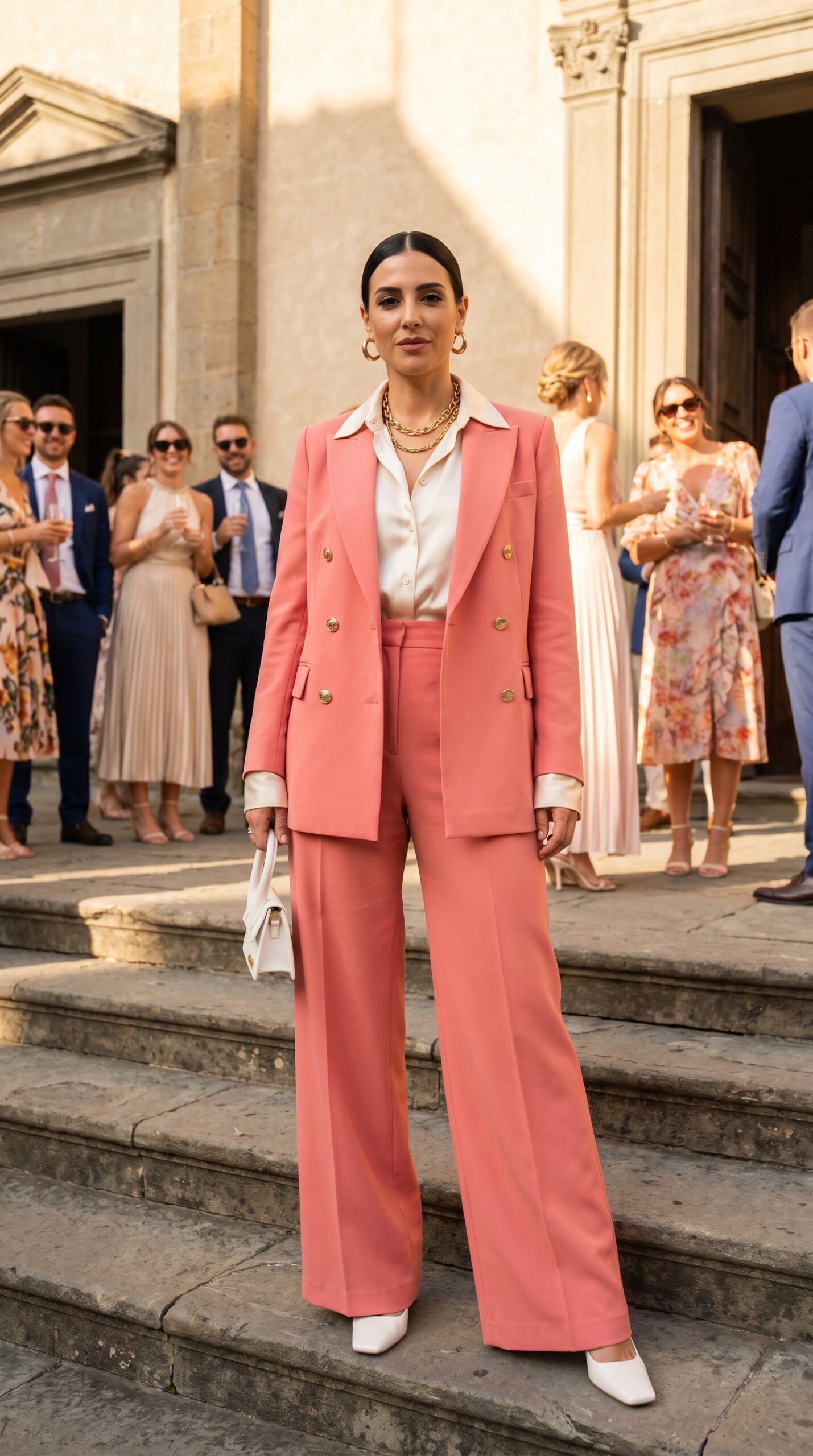 Donna elegante a un matrimonio indossa un tailleur pantalone color corallo, camicia in seta bianca e borsa strutturata.