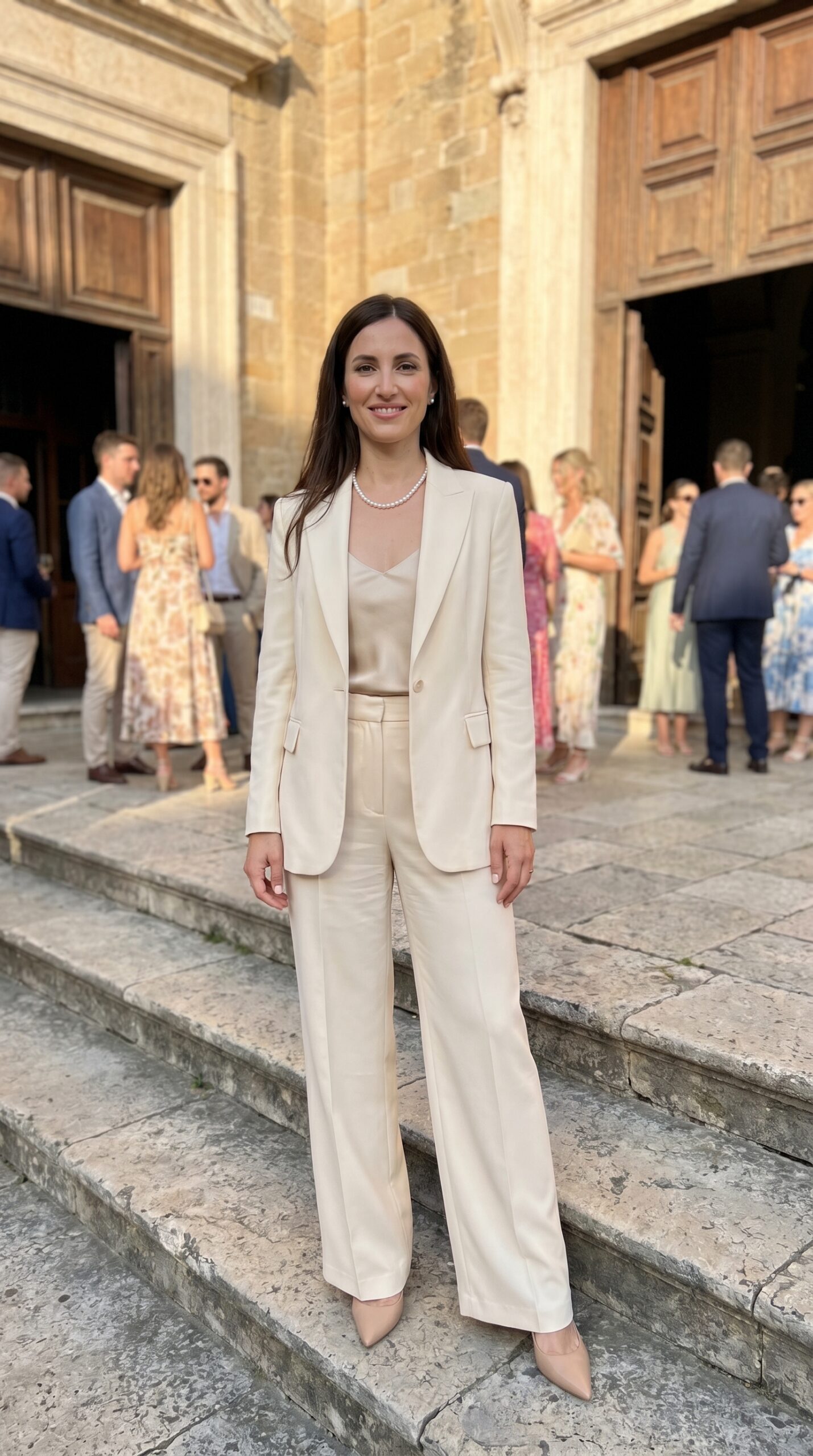 Outfit sofisticato da battesimo con tailleur pantalone color crema, top in seta e girocollo di perle.