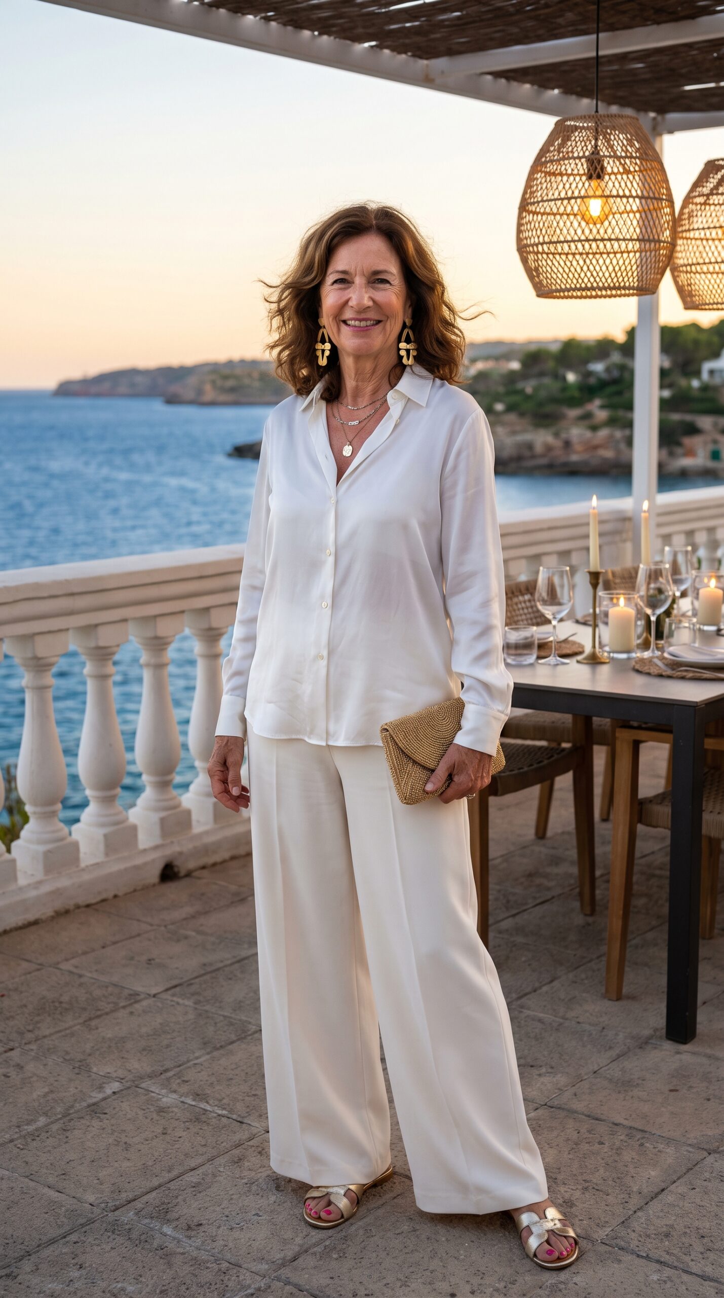 Donna sorridente con un outfit serale total white composto da camicia in seta bianca e pantaloni a palazzo bianchi, accessoriata con pochette e sandali dorati in una terrazza sul mare.