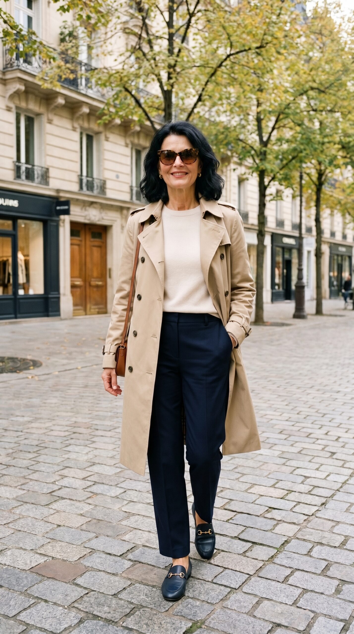 Donna di 65 anni molto elegante che indossa un trench beige, maglione panna, pantaloni blu navy e mocassini scuri in una strada parigina.