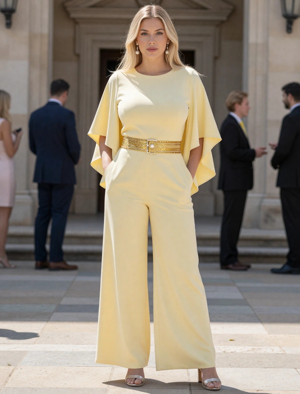 Tuta pantalone gialla con mantella e cintura oro, idea outfit color pastello per comunione di giorno