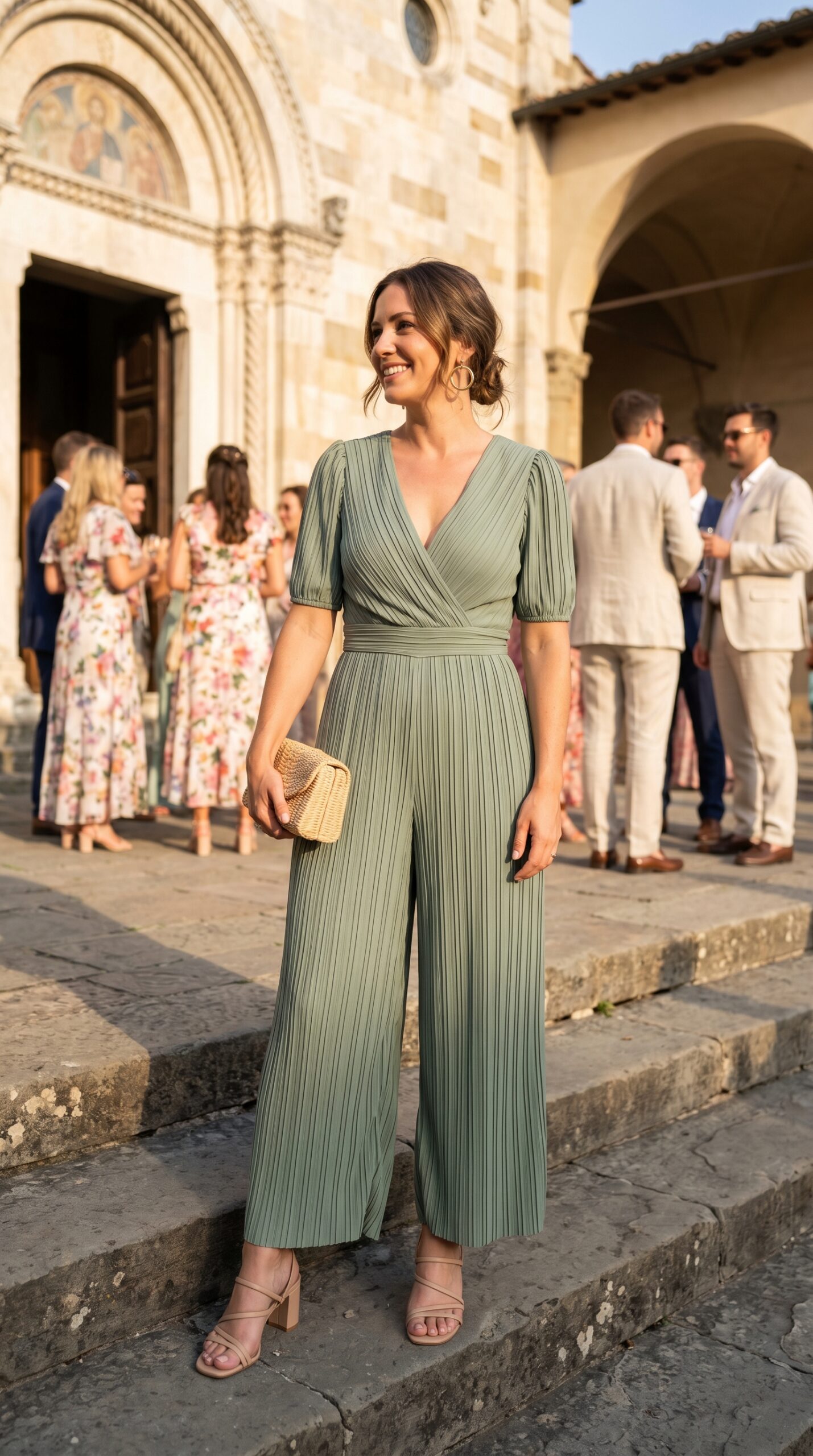 Invitata a una cerimonia indossa una tuta intera jumpsuit plissettata verde salvia con scollo incrociato.
