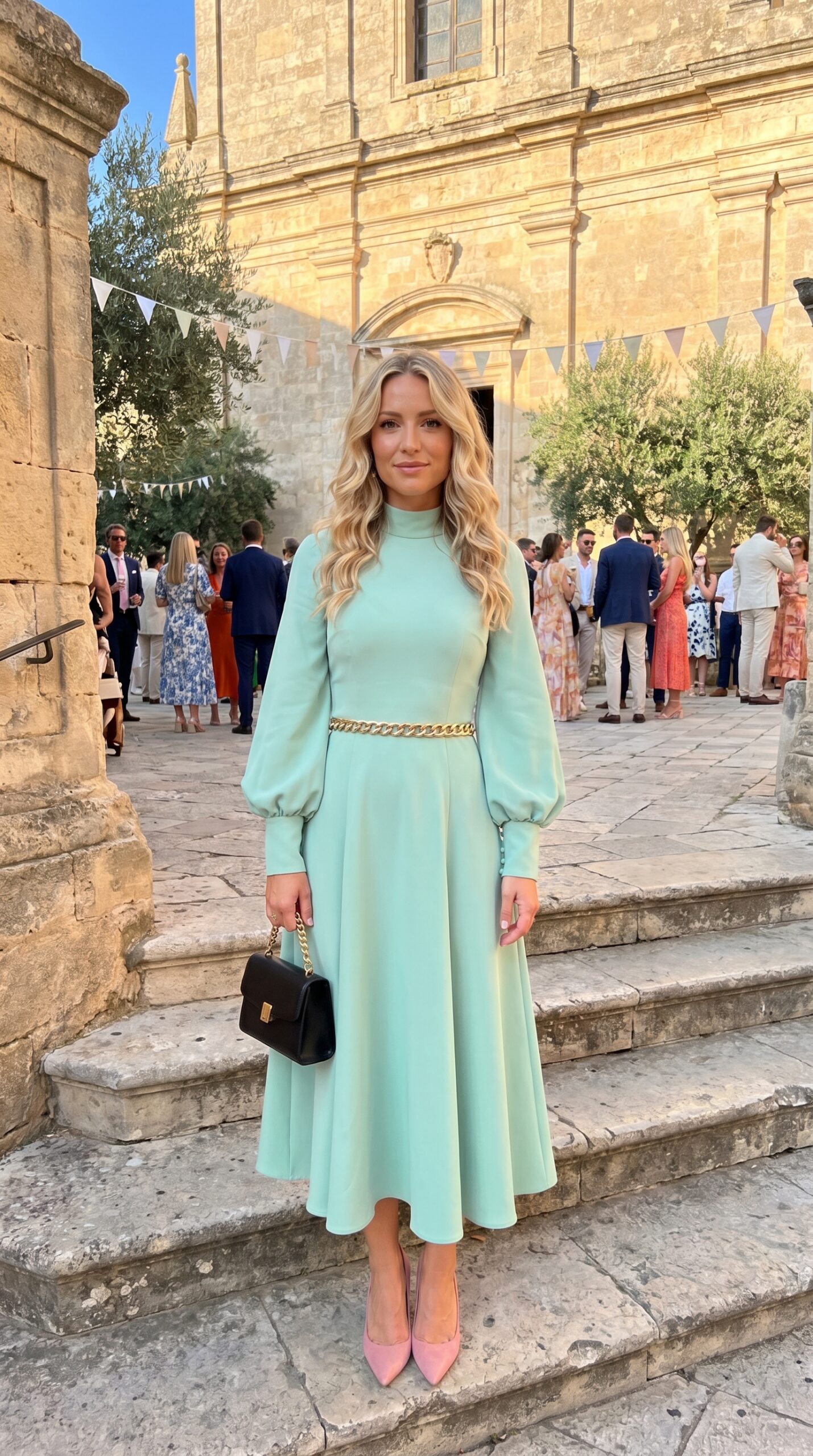 Invitata sfoggia un abito midi verde menta a maniche lunghe con collo alto, impreziosito da una cintura dorata a catena e scarpe rosa.