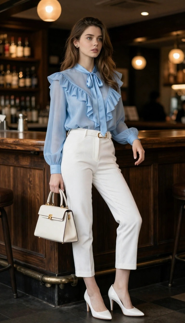Outfit elegante donna con blusa azzurra con fiocco e volant abbinata a pantalone bianco a sigaretta per aperitivo
