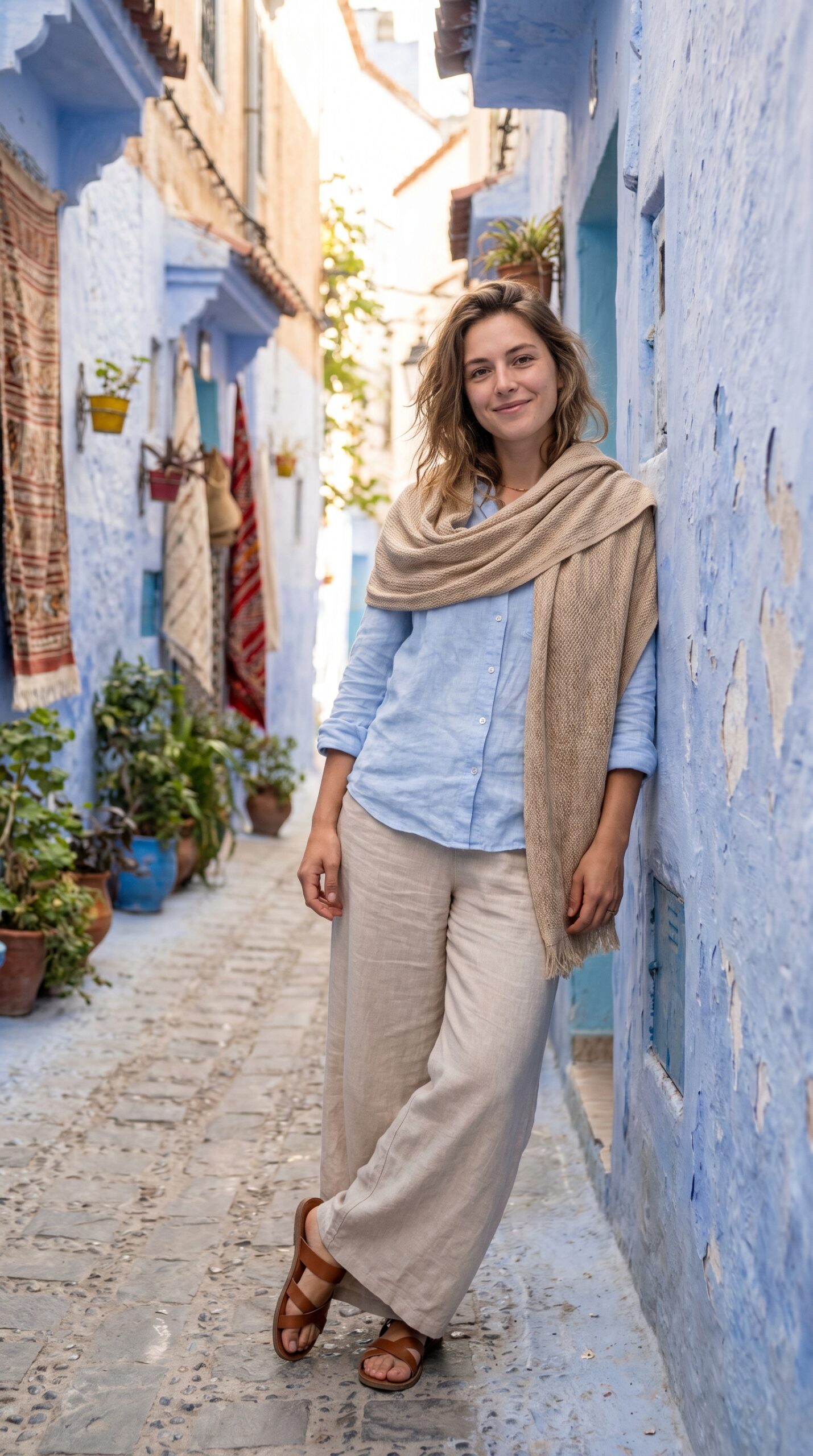 Outfit modesto con pantaloni larghi e camicia per visitare la medina di Chefchaouen in Marocco

