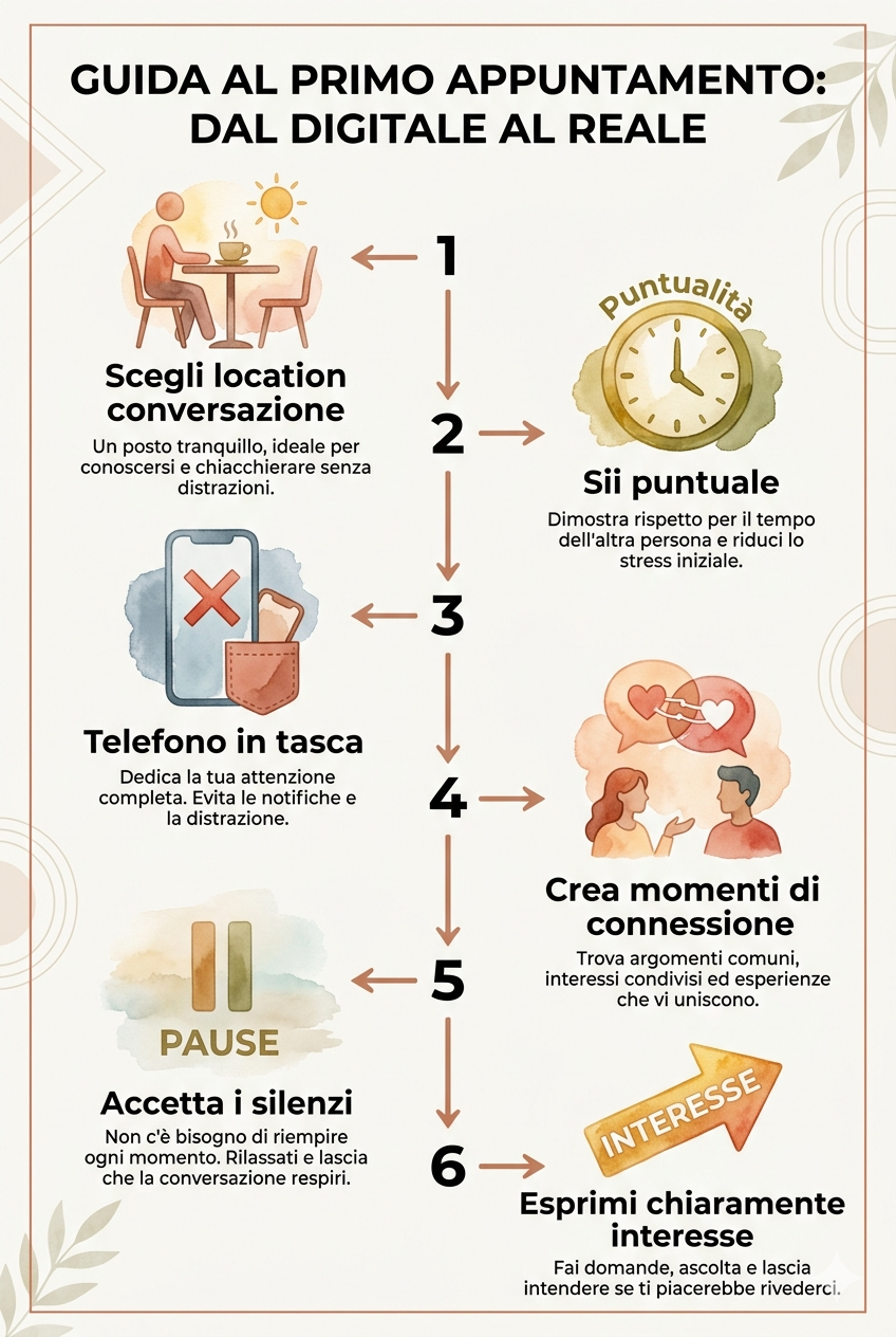 Come Conquistare una Ragazza: Guida con Consigli Pratici 3 Guida in 6 passaggi per un primo appuntamento perfetto: scegliere una location per conversare, essere puntuali, tenere il telefono in tasca, creare momenti di connessione, accettare i silenzi ed esprimere chiaramente interesse