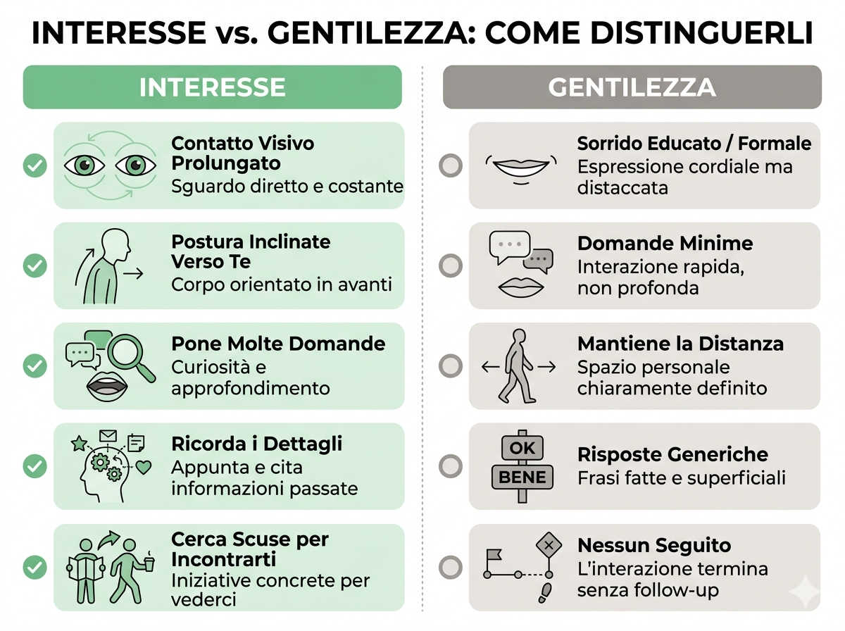Come Conquistare una Ragazza: Guida con Consigli Pratici 4 Infografica che confronta i segnali di interesse genuino (contatto visivo, postura inclinata, domande approfondite, ricorda dettagli, cerca scuse per incontrarsi) con quelli di semplice gentilezza (sorriso formale, distanza fisica, risposte generiche, nessun seguito) per capire se una ragazza è interessata