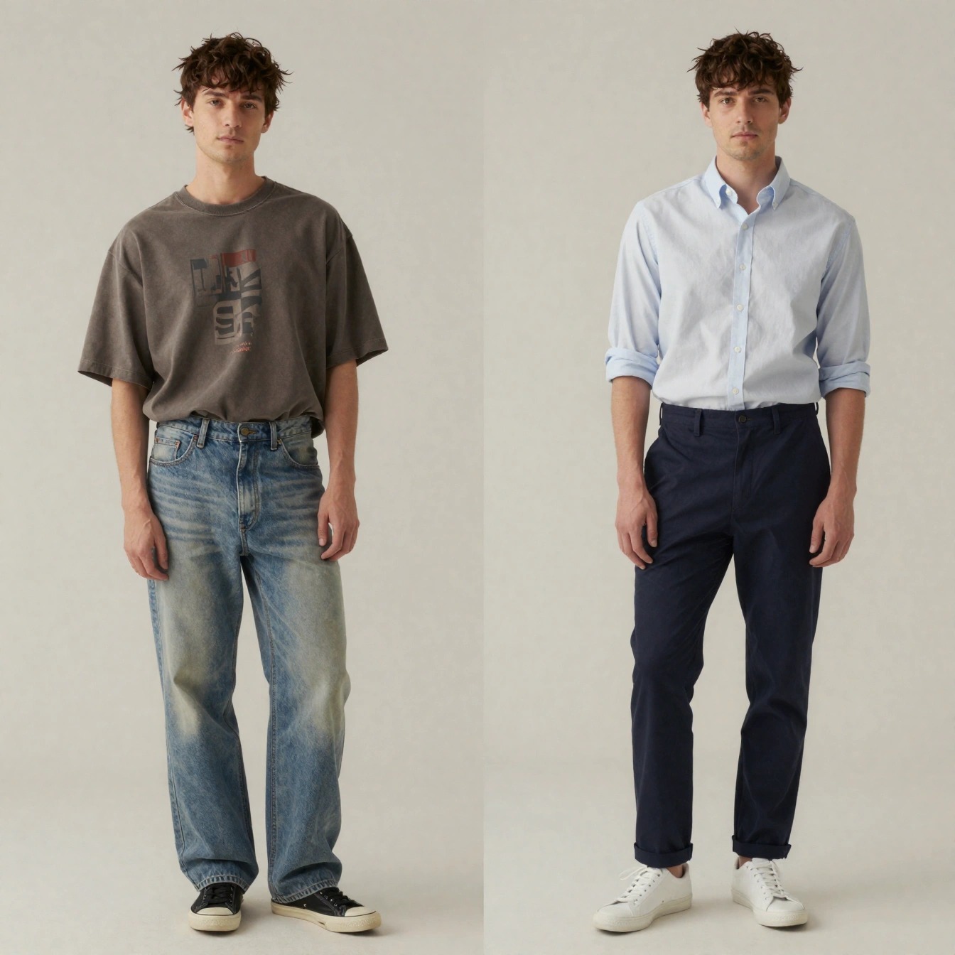 Come Sembrare Più Adulto da Uomo: Guida Pratica 2026 1 Confronto outfit uomo: look casual trasandato vs look curato con camicia e chino per sembrare più adulto