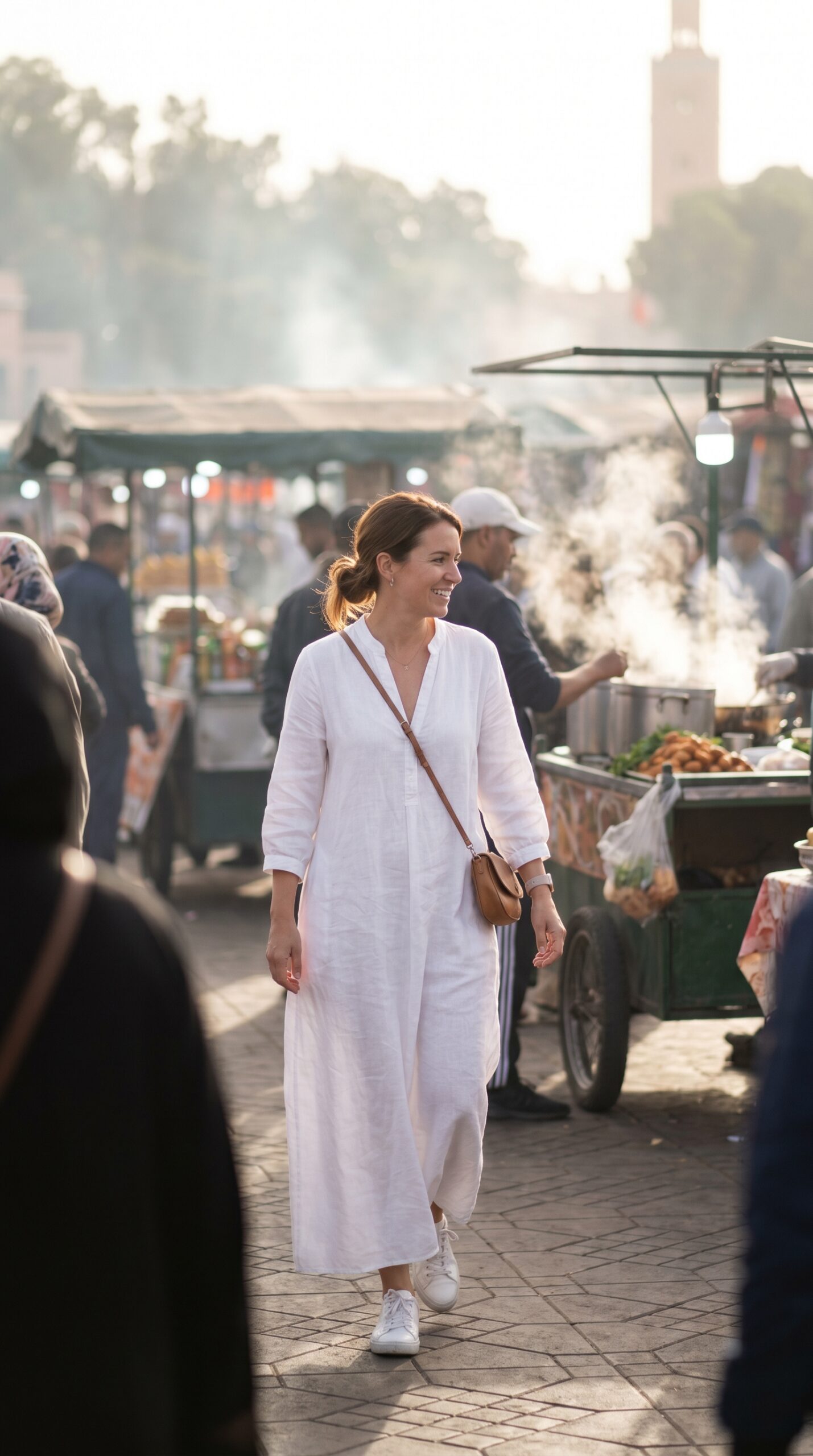 Donna con maxi dress bianco in lino a Marrakech, esempio di abbigliamento estivo rispettoso per viaggiare in Marocco

