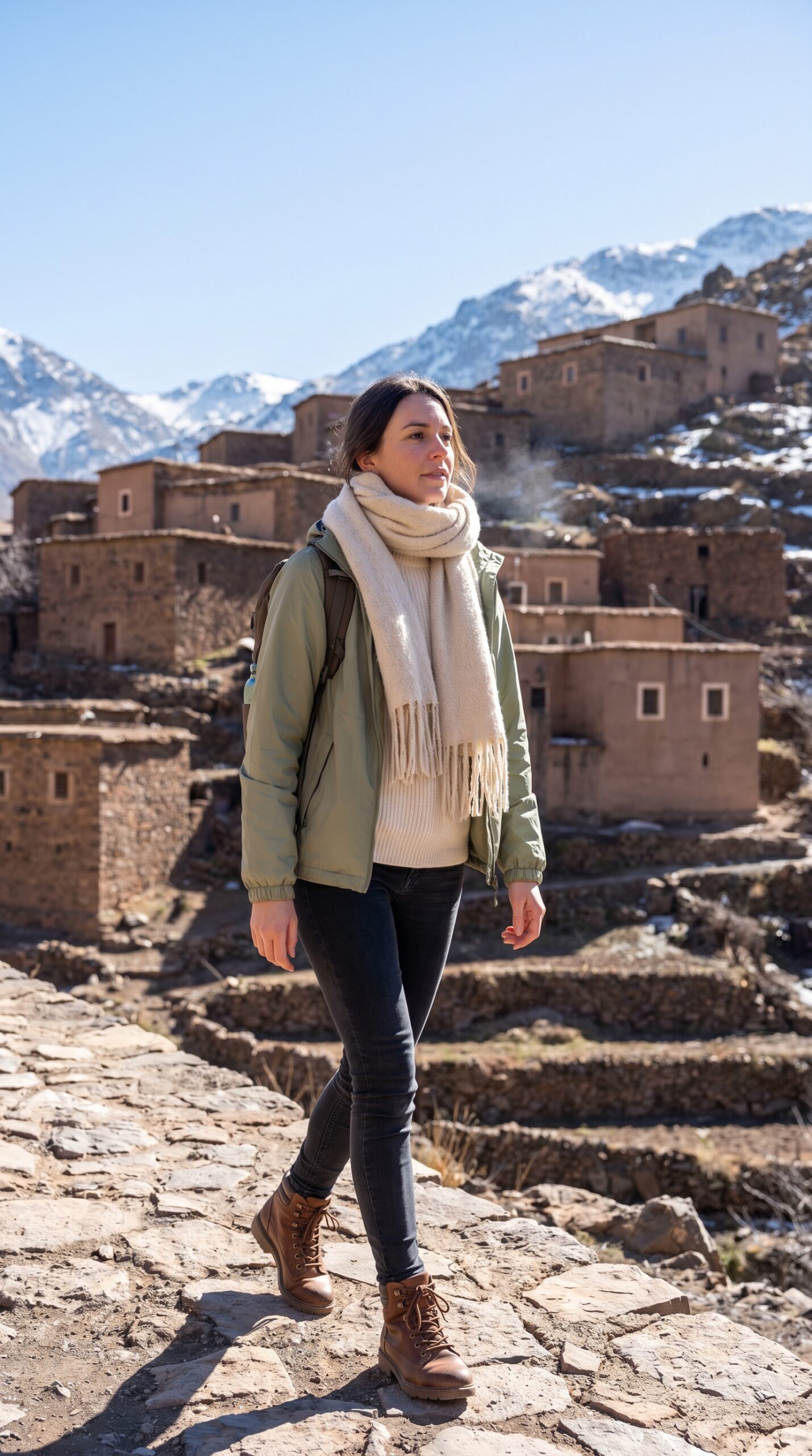 Abbigliamento invernale a strati per donna sull'Alto Atlante in Marocco

