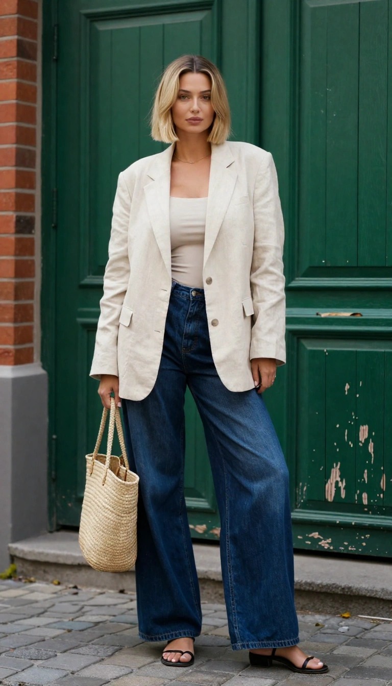 Outfit baggy jeans blu scuro con blazer crema, top a costine e borsa di paglia: look smart casual estivo