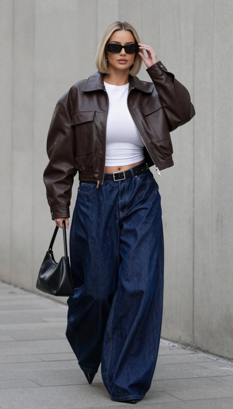 Outfit baggy jeans blu scuro con giacca cropped in pelle marrone, top bianco e décolleté nere a punta