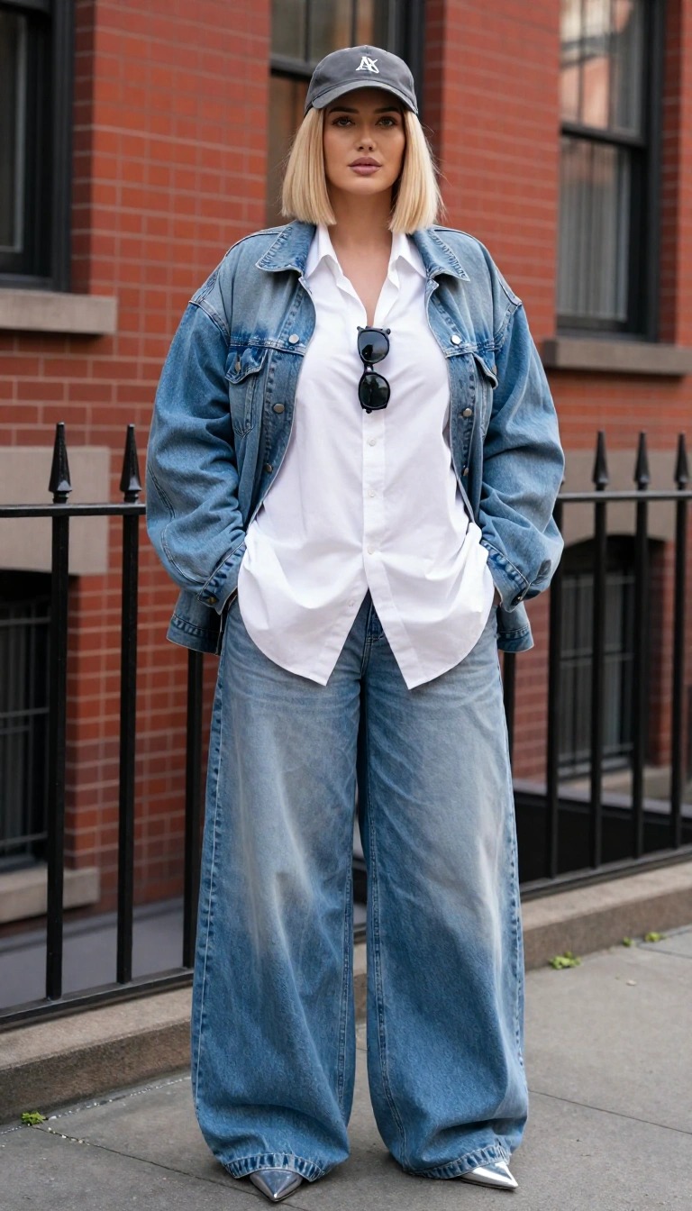 Outfit total denim con baggy jeans blu, giacca di jeans oversize, camicia bianca e décolleté argento a punta