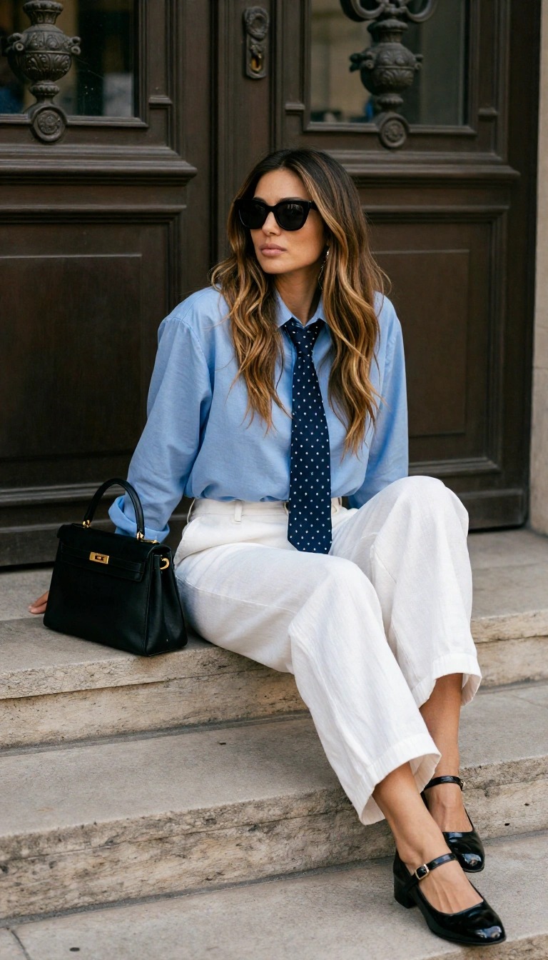 Donna con look primaverile seduta su scale: camicia azzurra, cravatta a pois blu, pantaloni bianchi e scarpe Mary Jane nere
