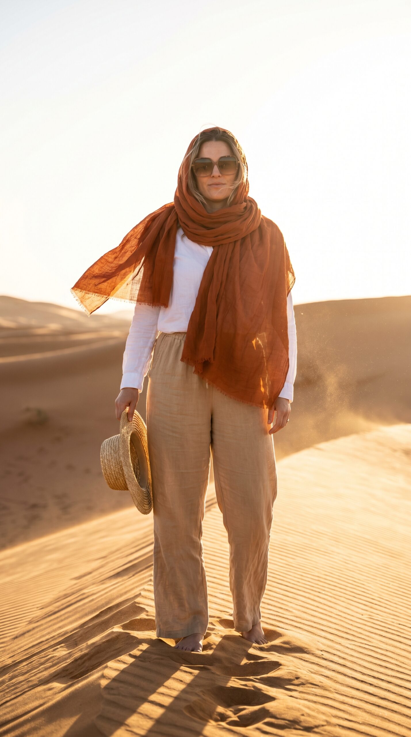 Donna vestita per il deserto del Sahara con camicia a maniche lunghe e sciarpa cheche per proteggersi da sole e sabbia

