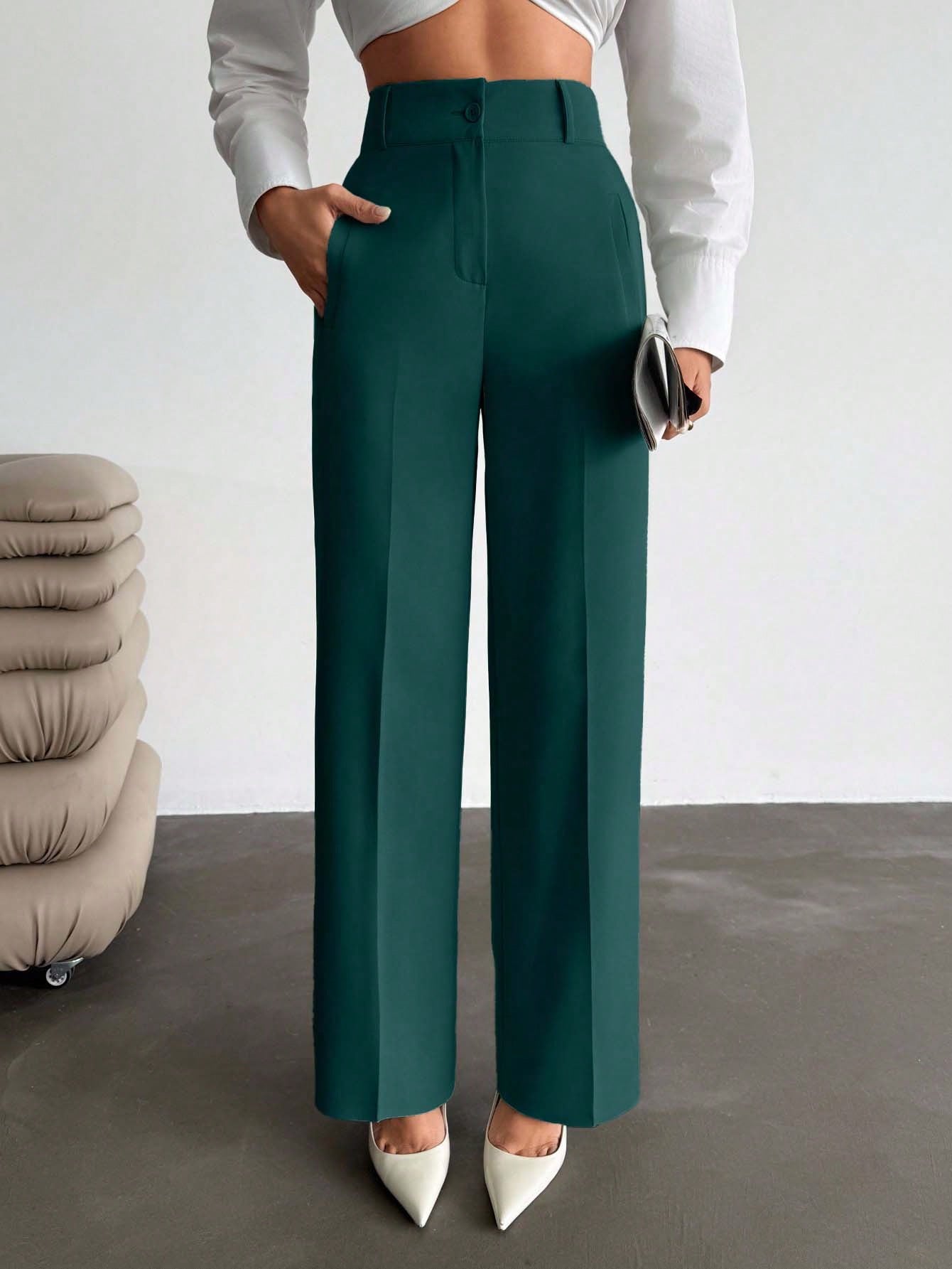 EURMUSE Pantaloni eleganti a vita alta con dettagli in tasca, realizzati in tessuto lavorato