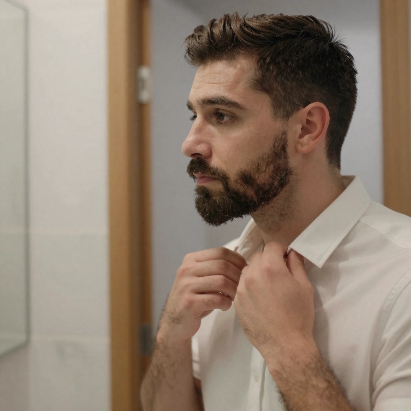 Come Sembrare Più Adulto da Uomo: Guida Pratica 2026 2 Uomo con barba curata e taglio moderno che sistema il colletto della camicia, esempio di grooming maschile per un look maturo