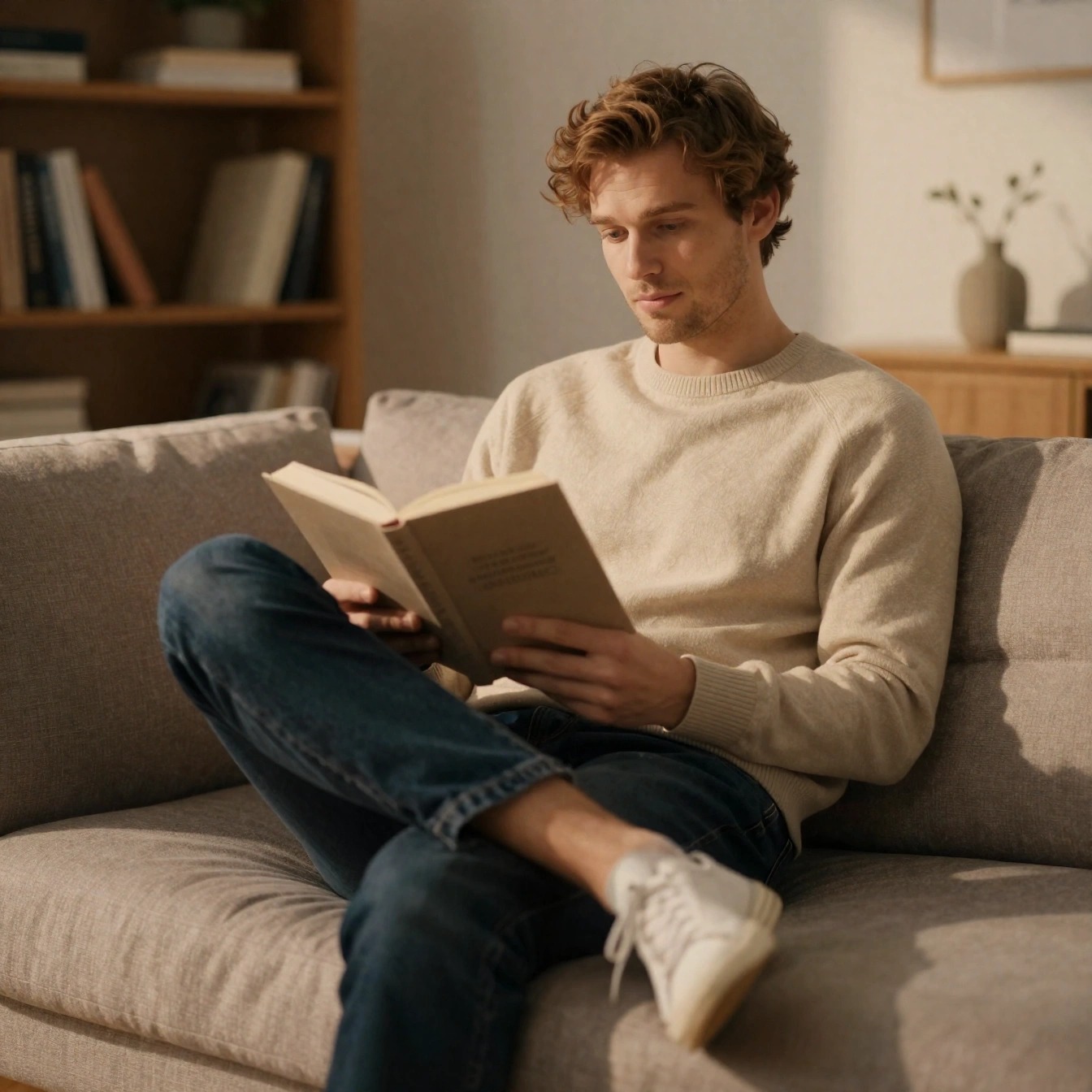 Come Sembrare Più Adulto da Uomo: Guida Pratica 2026 4 Uomo adulto che legge un libro sul divano in soggiorno, esempio di interessi culturali e curiosità intellettuale per sembrare più maturo