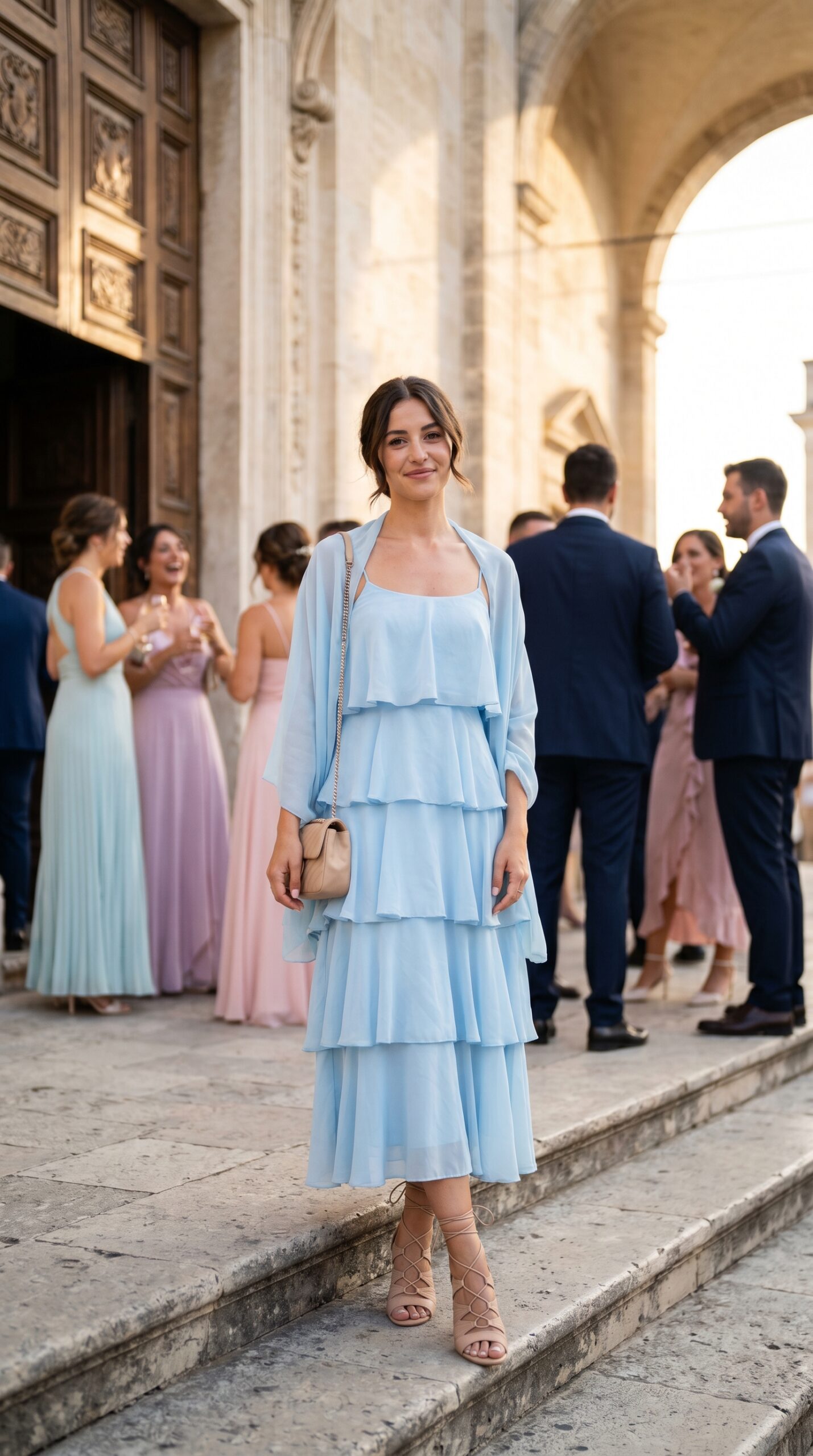 Vestito a balze celeste polvere con coprispalle trasparente coordinato per invitata donna.