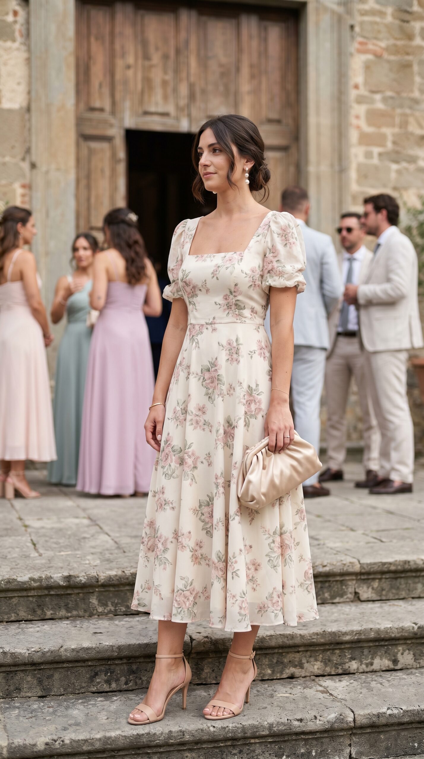 Outfit invitata comunione donna con abito midi a fiori fondo panna e maniche corte a sbuffo.