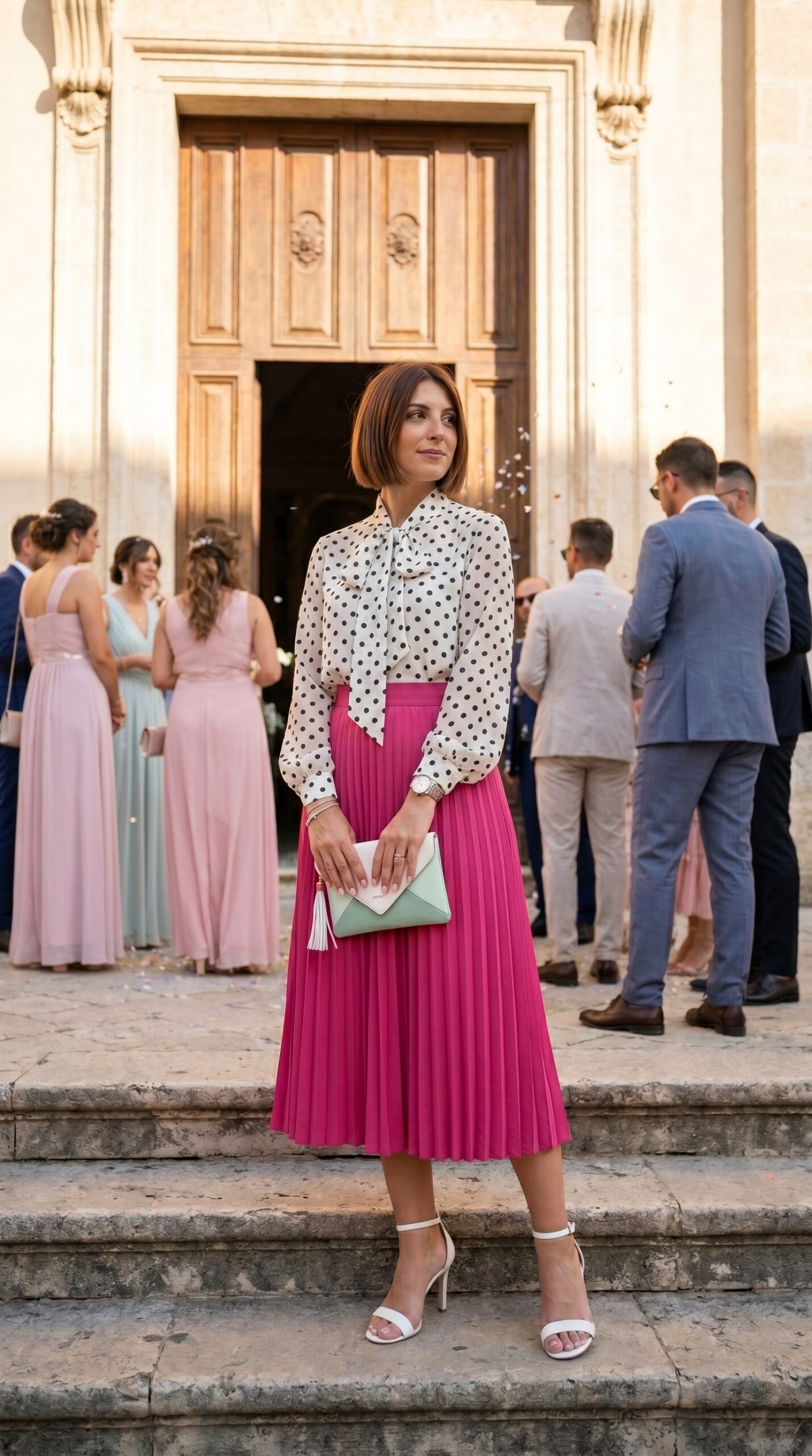 Look spezzato donna invitata comunione con camicia a pois e fiocco e gonna plissettata fucsia.
