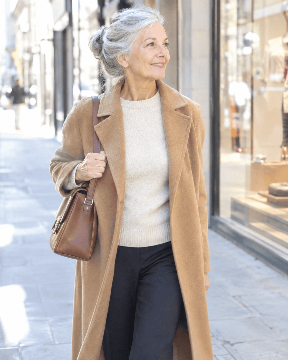 Come Vestirsi a 70 Anni: Guida Completa e Consigli Pratici 1 Donna di 70 anni con cappotto lungo color cammello e maglione panna durante una passeggiata