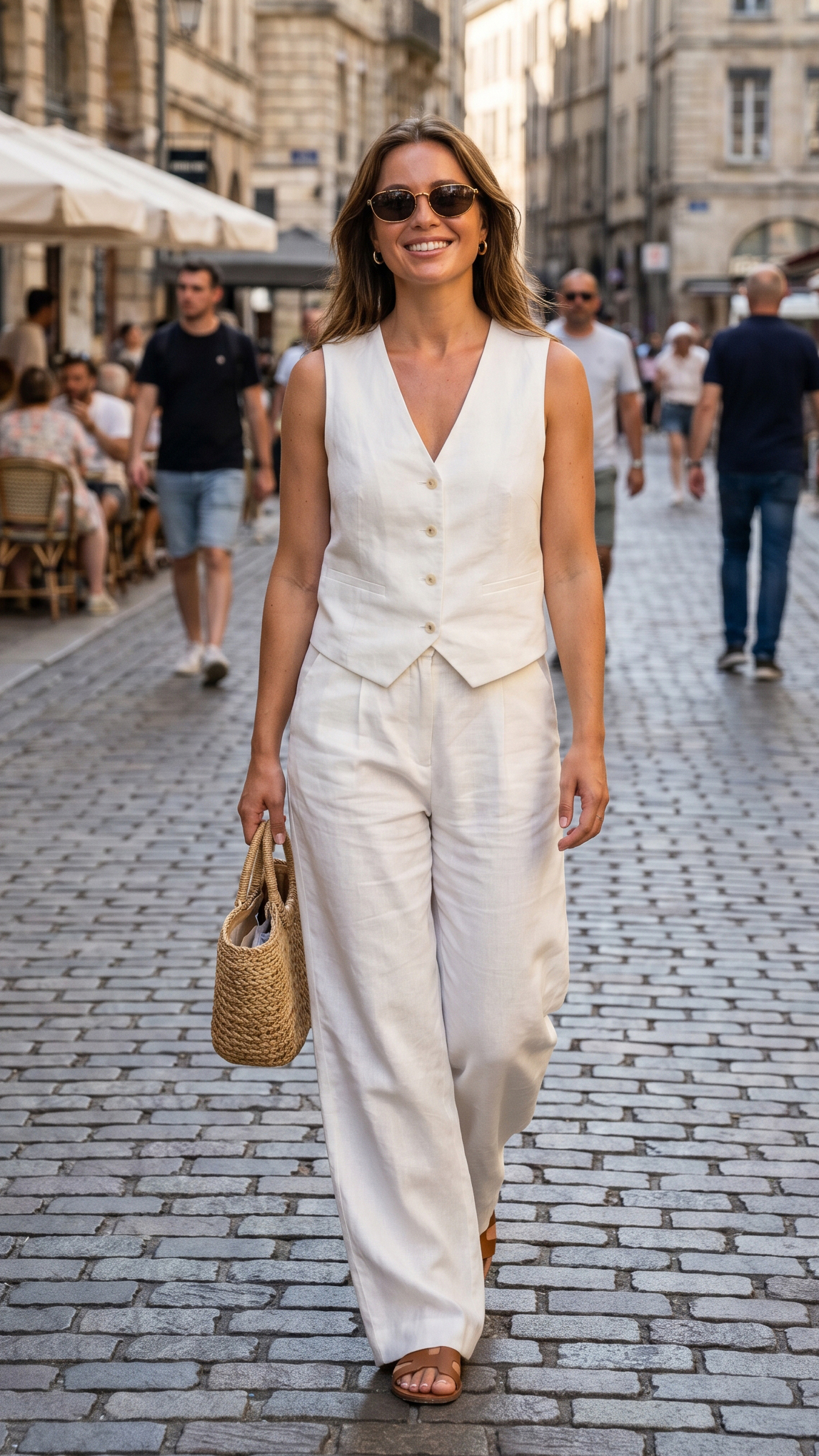 Come Vestirsi in Estate Donna: Guida Completa Allo Stile 1 Come vestirsi in estate donna: outfit total white con gilet e pantaloni in lino per un look elegante da città
