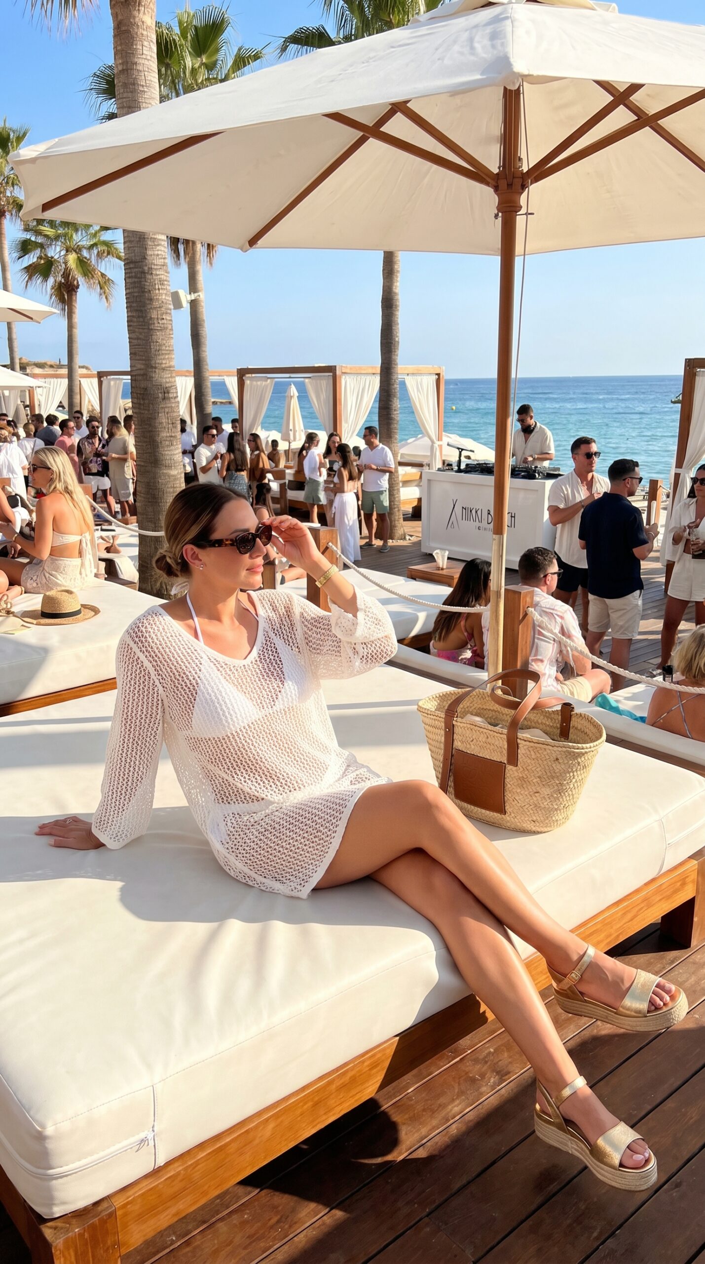 Donna in total white con bikini e copricostume crochet a Nikki Beach Ibiza