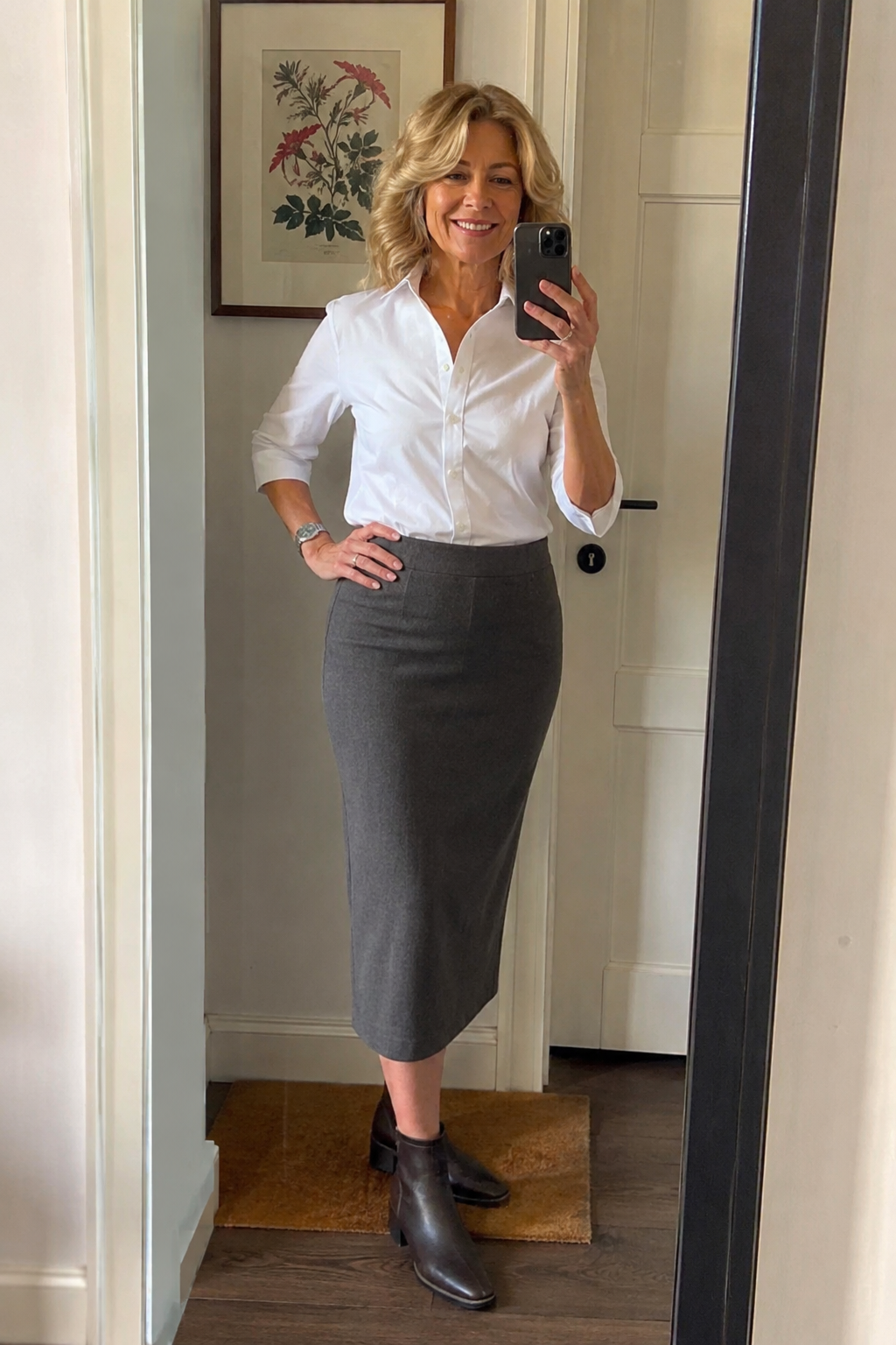 Donna di circa 60 anni con gonna midi a matita in lana, camicia bianca e stivaletti bassi con tacco largo per look quotidiano elegante