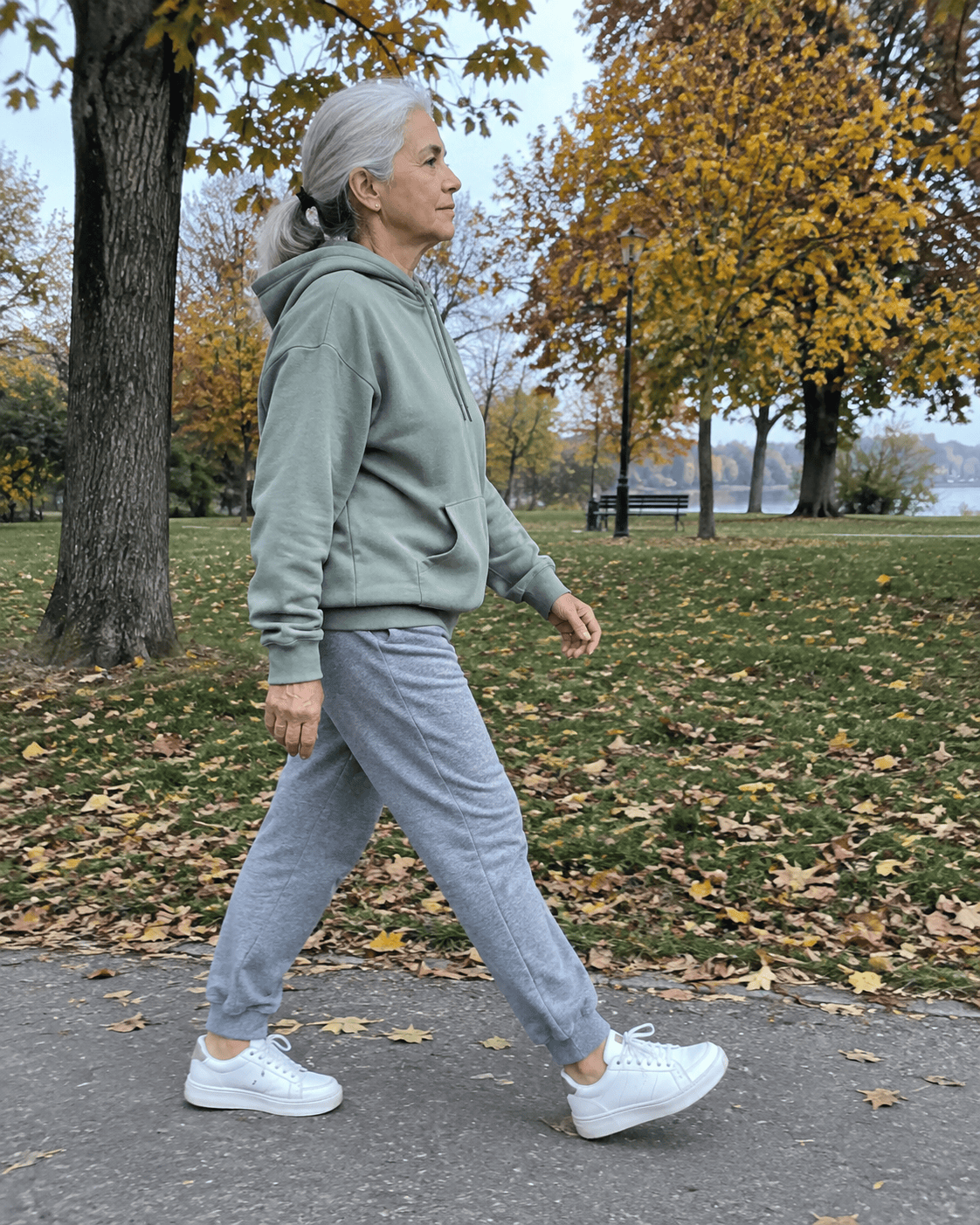 Come Vestirsi a 70 Anni: Guida Completa e Consigli Pratici 20 Donna di 70 anni con felpa verde salvia e pantaloni jogger durante una camminata nel parco