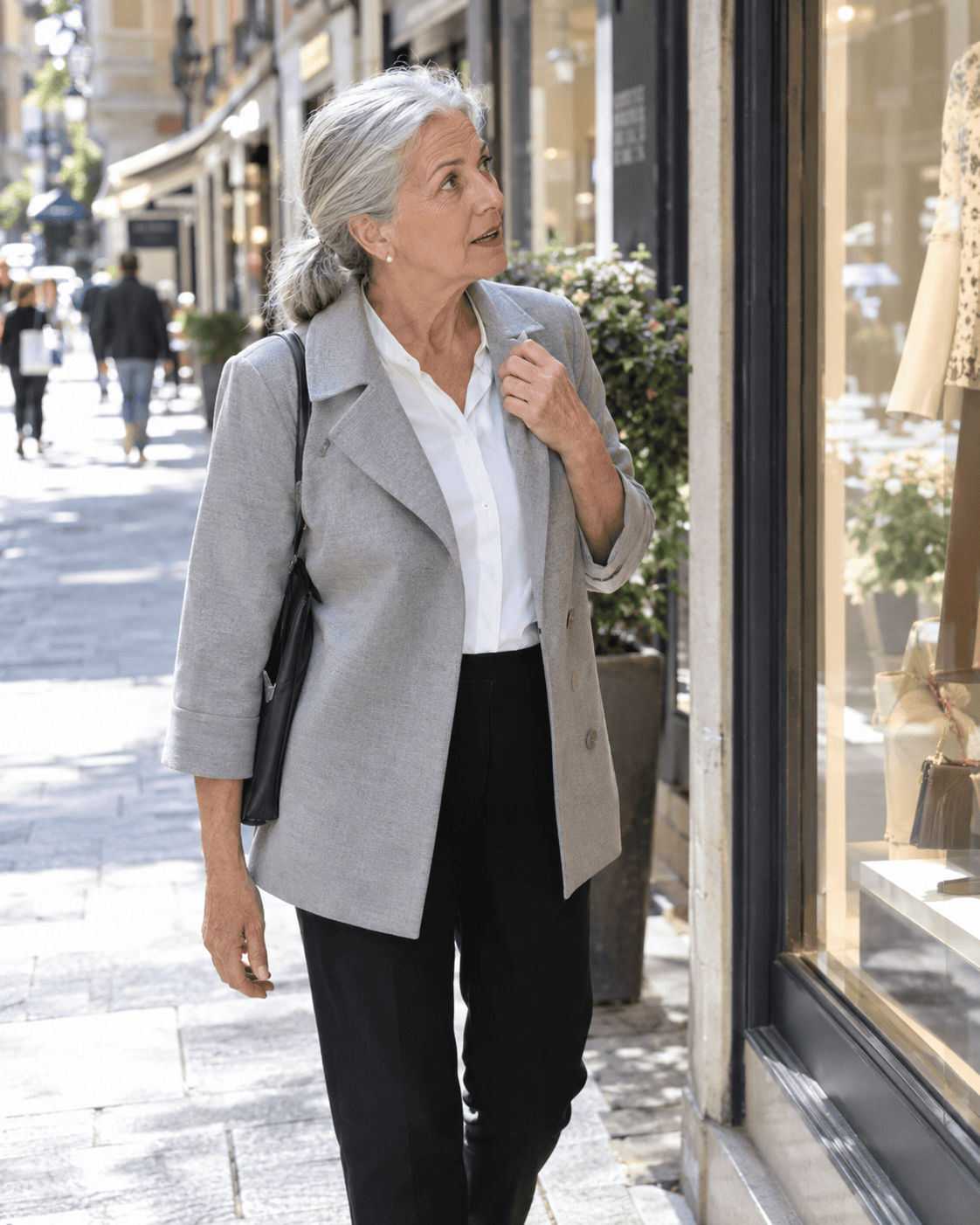 Come Vestirsi a 70 Anni: Guida Completa e Consigli Pratici 3 Donna di 70 anni con giacca a tre quarti grigio perla e camicia bianca davanti a una vetrina